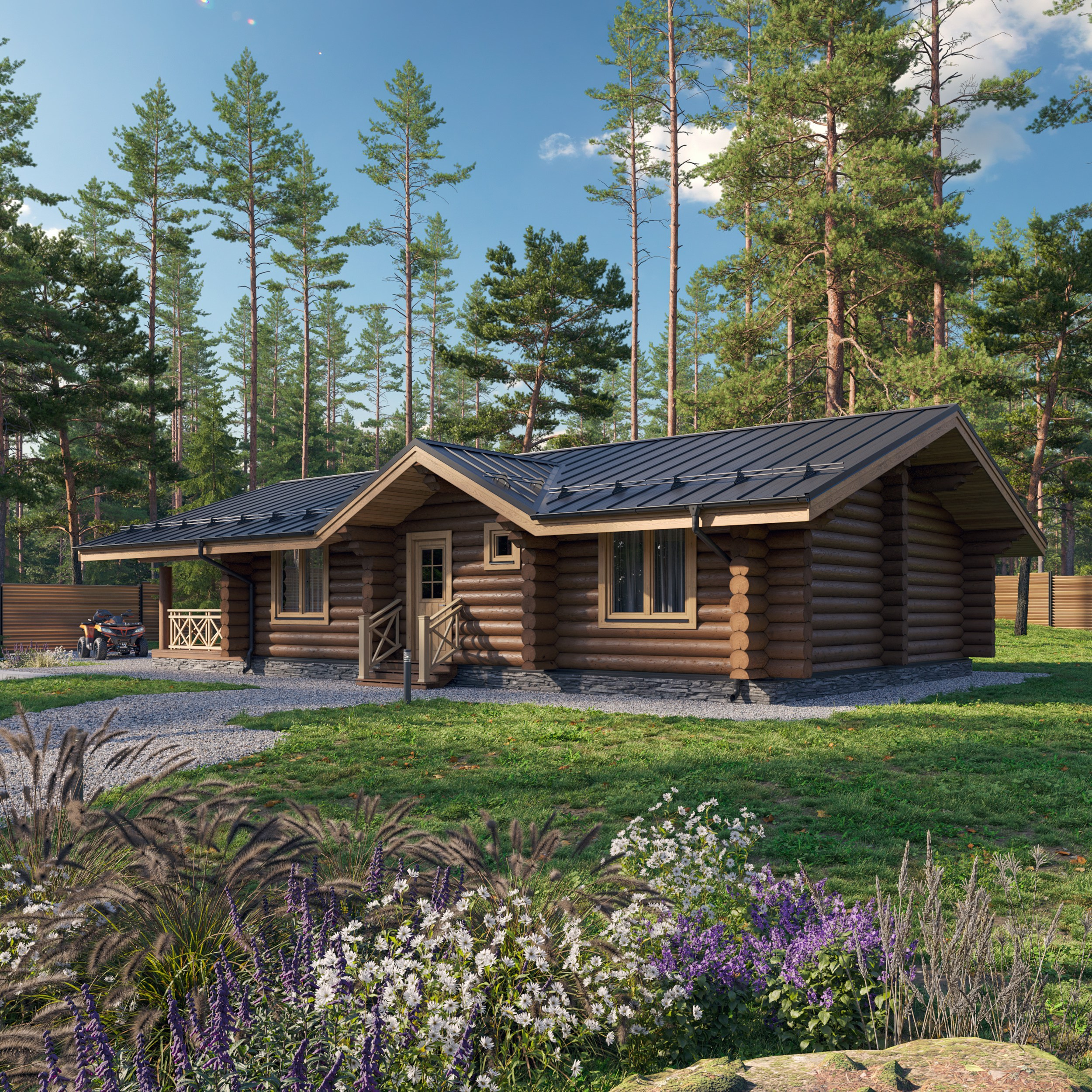 Загородный дом из бревна с входной верандой, окружённый цветами и соснами