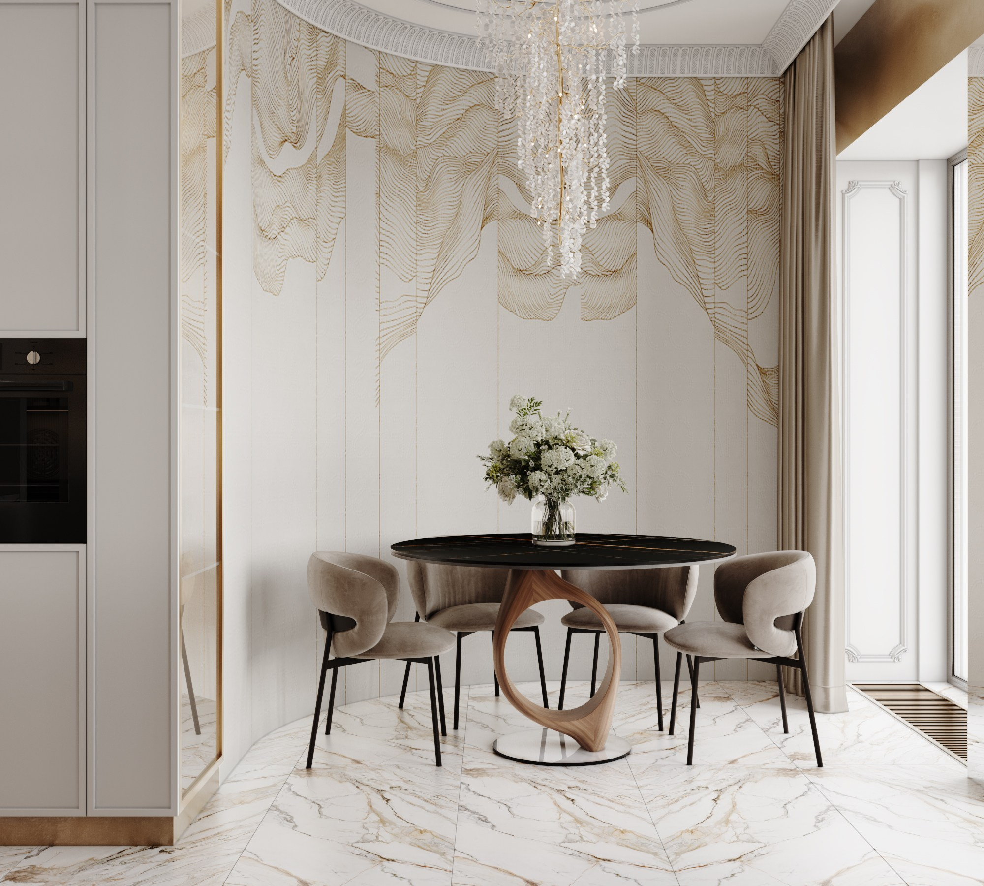 Кухня-гстиная ЖК Скай. Интерьерная 3D Визуализация