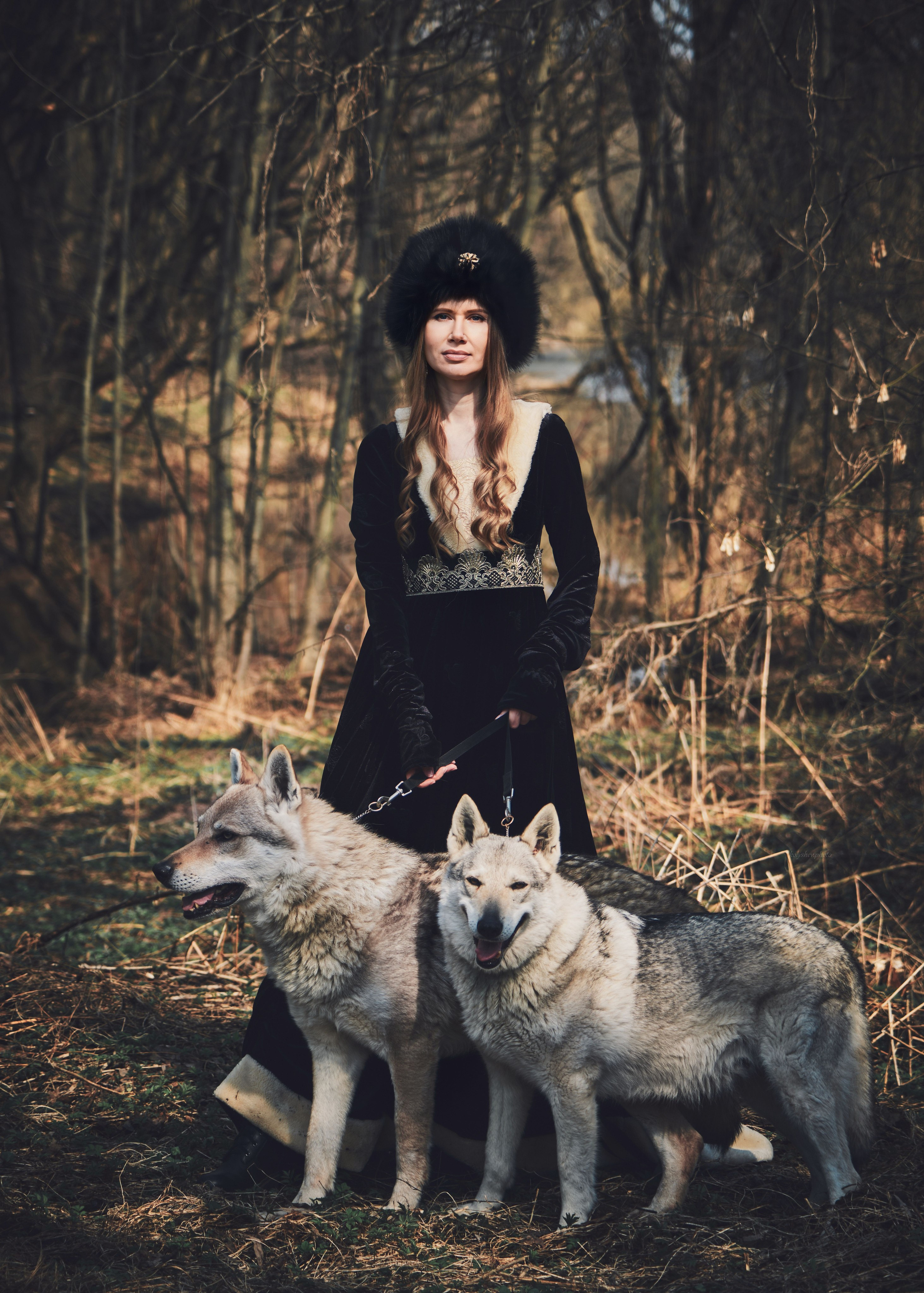 девушка с волком в тёмном лесу в Москве