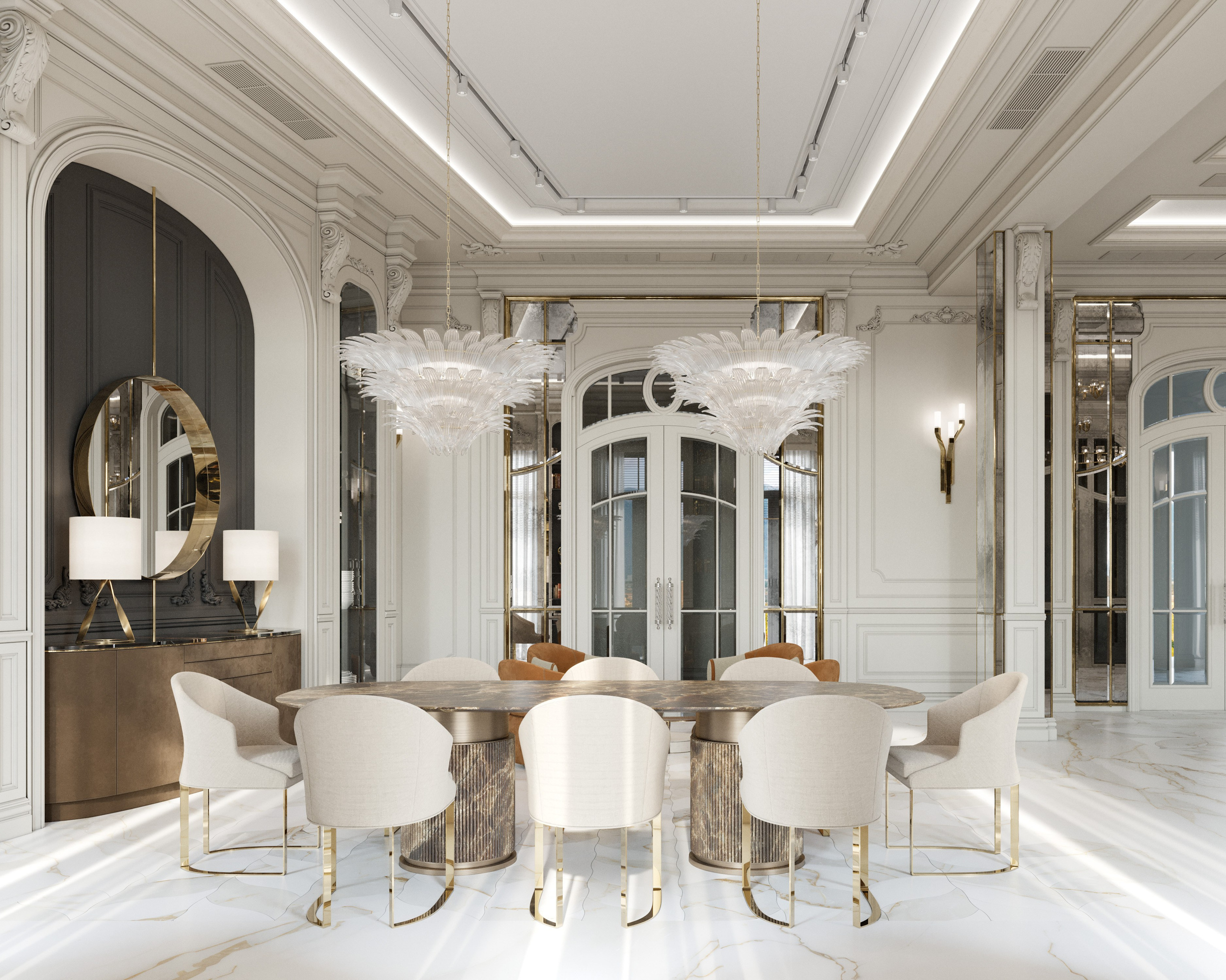 3D визуализация парадной гостиной с мраморным камином и лепным потолком