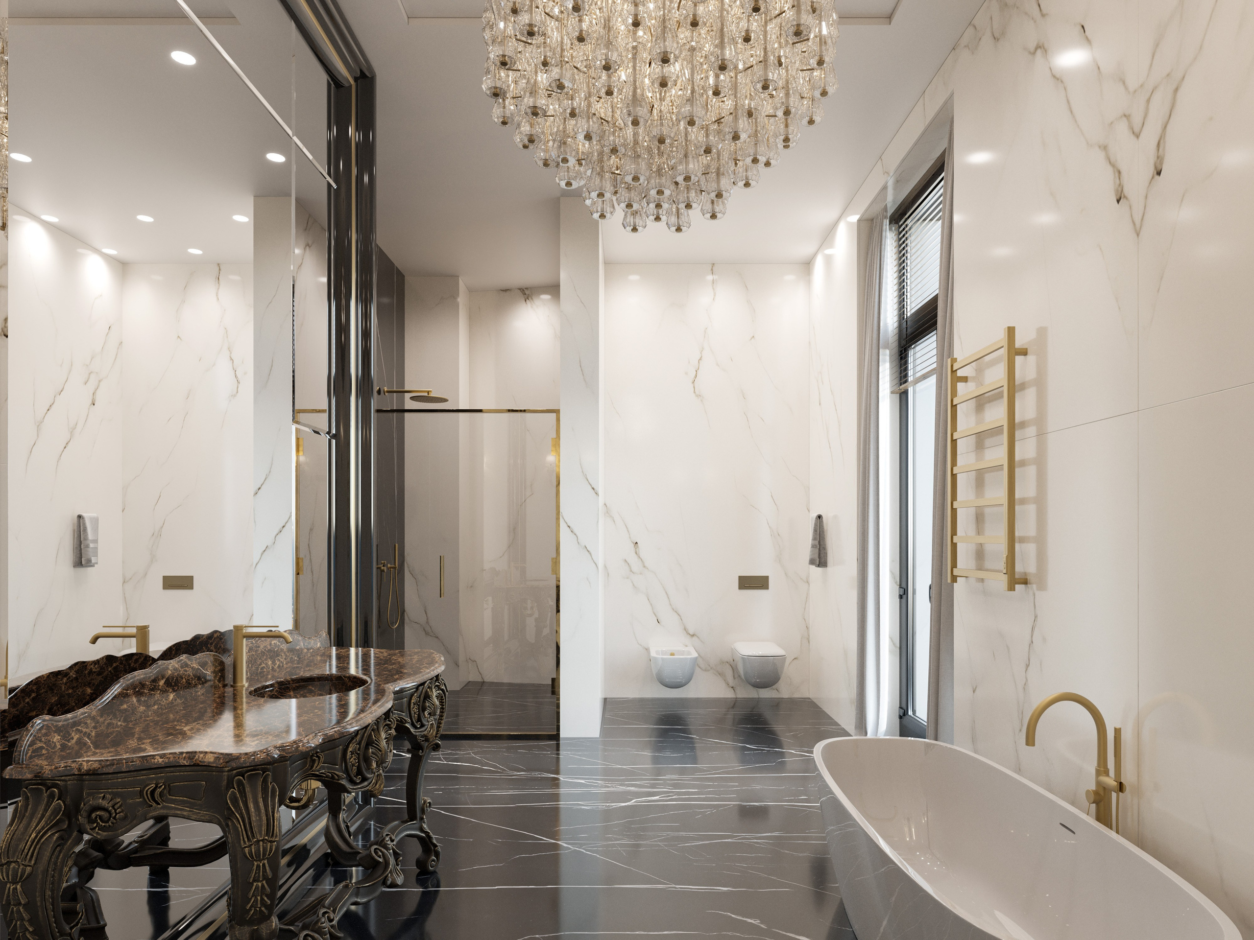 Санузел с белой душевой кабиной и белыми стенами в женской спальне