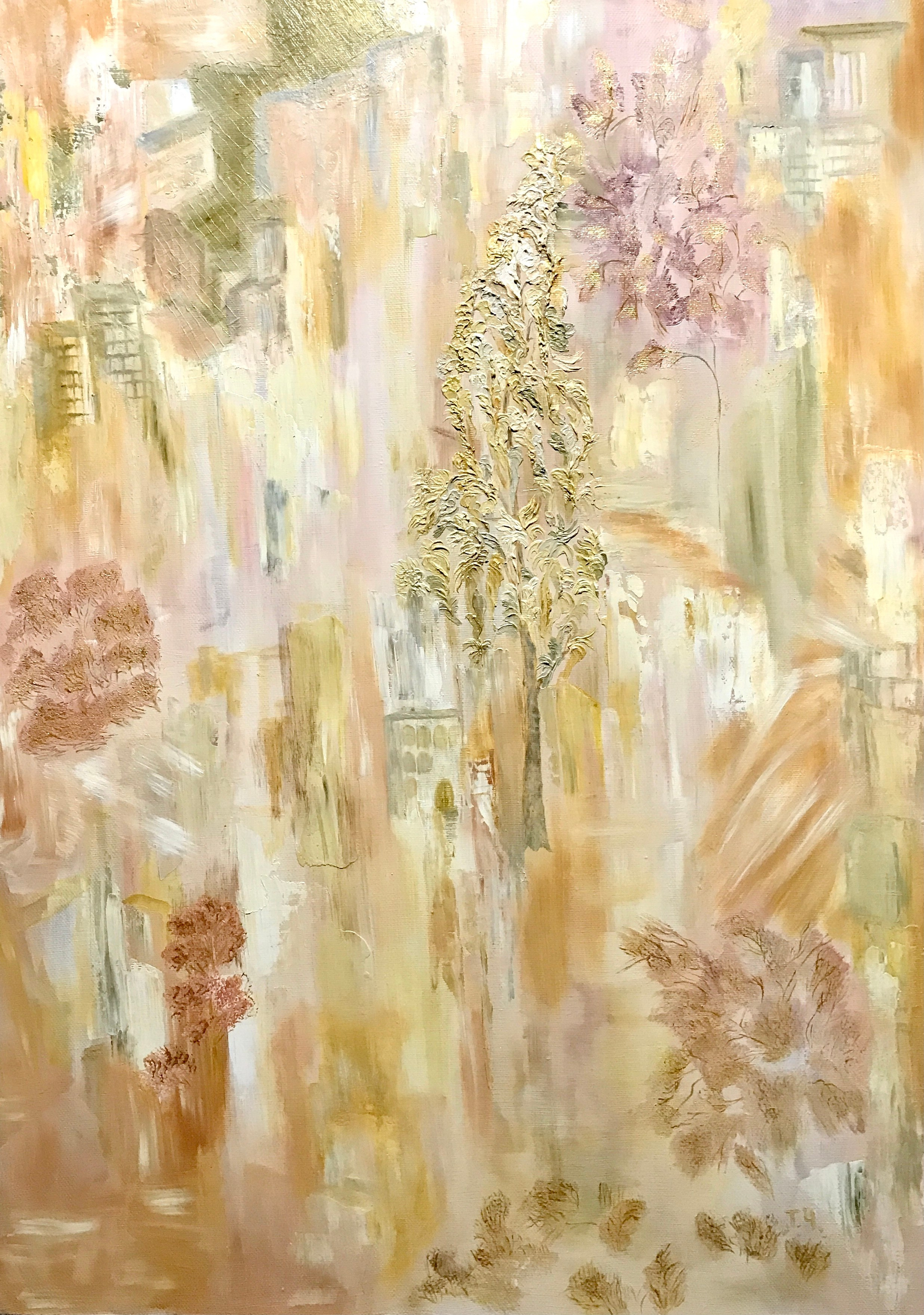 Абстрактная картина в пастельных тонах напоминает стену с наслоениями следов ремонта с разным бюджетом.