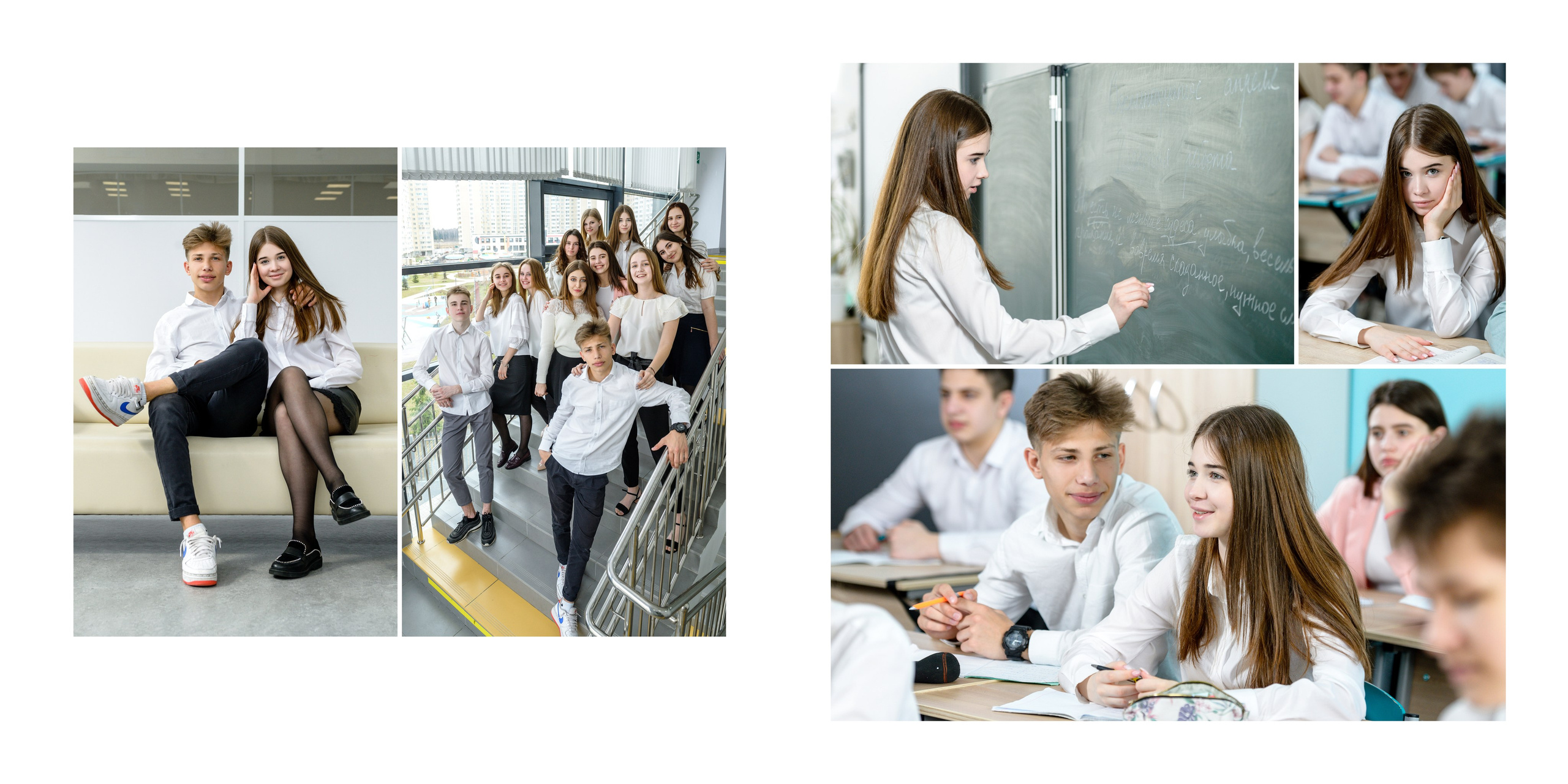 Коллаж из портретов и дружеских кадров в классе: эмоции, общение и работа за партами.