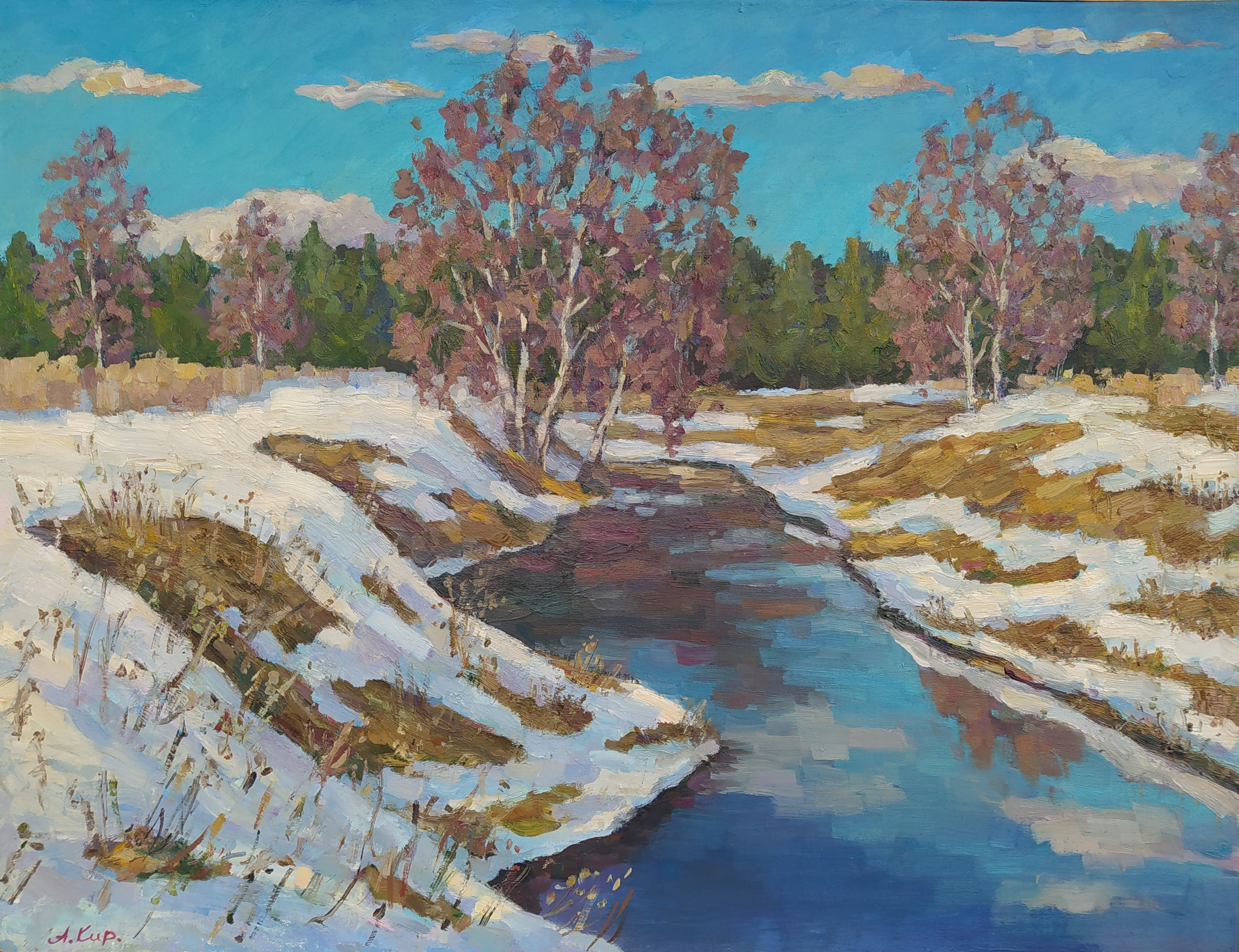 Картина маслом на холсте - Русский весенний пейзаж с речкой и березами