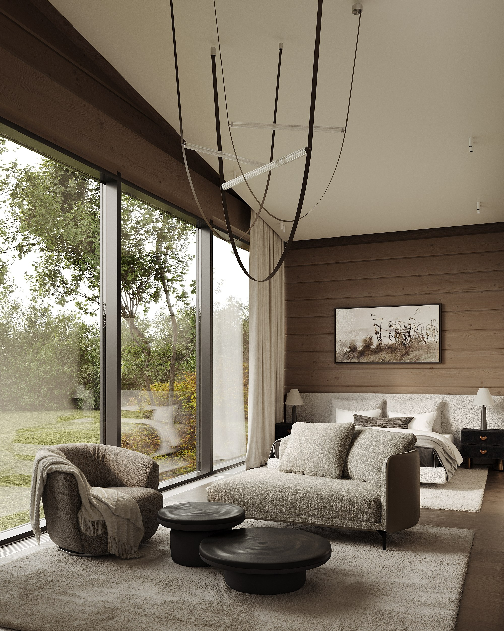 Уютная светлая спальня в доме из бруса с дизайнерской мебелью.