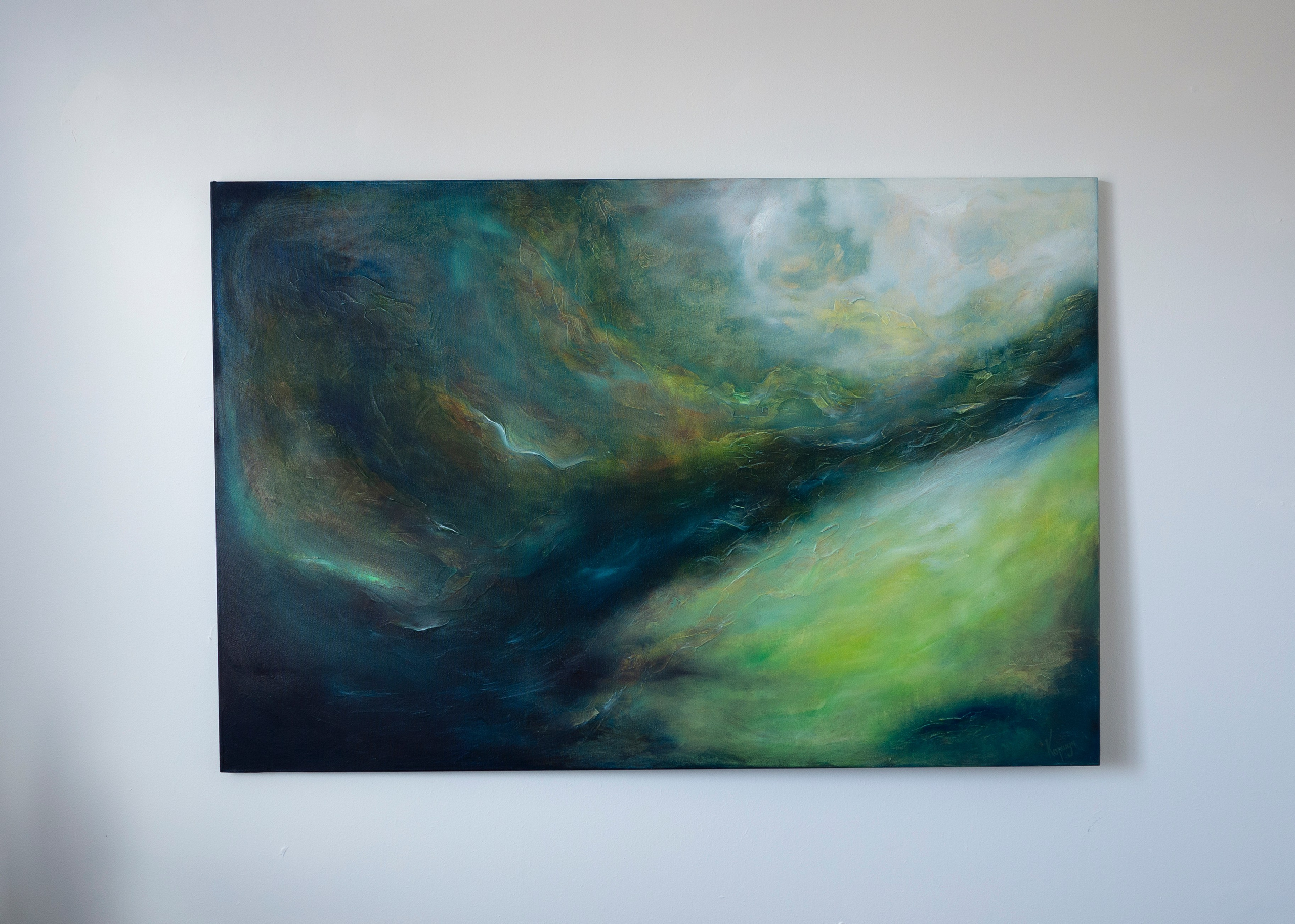 Abstract oil painting of deep green and blue swirling shapes. Pavel Korshun — Contemporary Plein Air