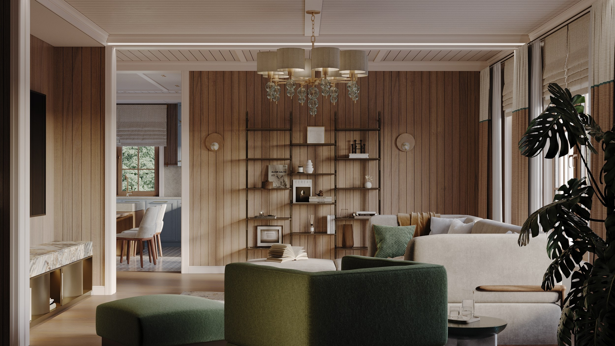 Кухня гостиная в частном доме. Клиент Elena Zorina design studio. Евгений Пырков — 3d визуализатор интерьеров и экстерьеров России