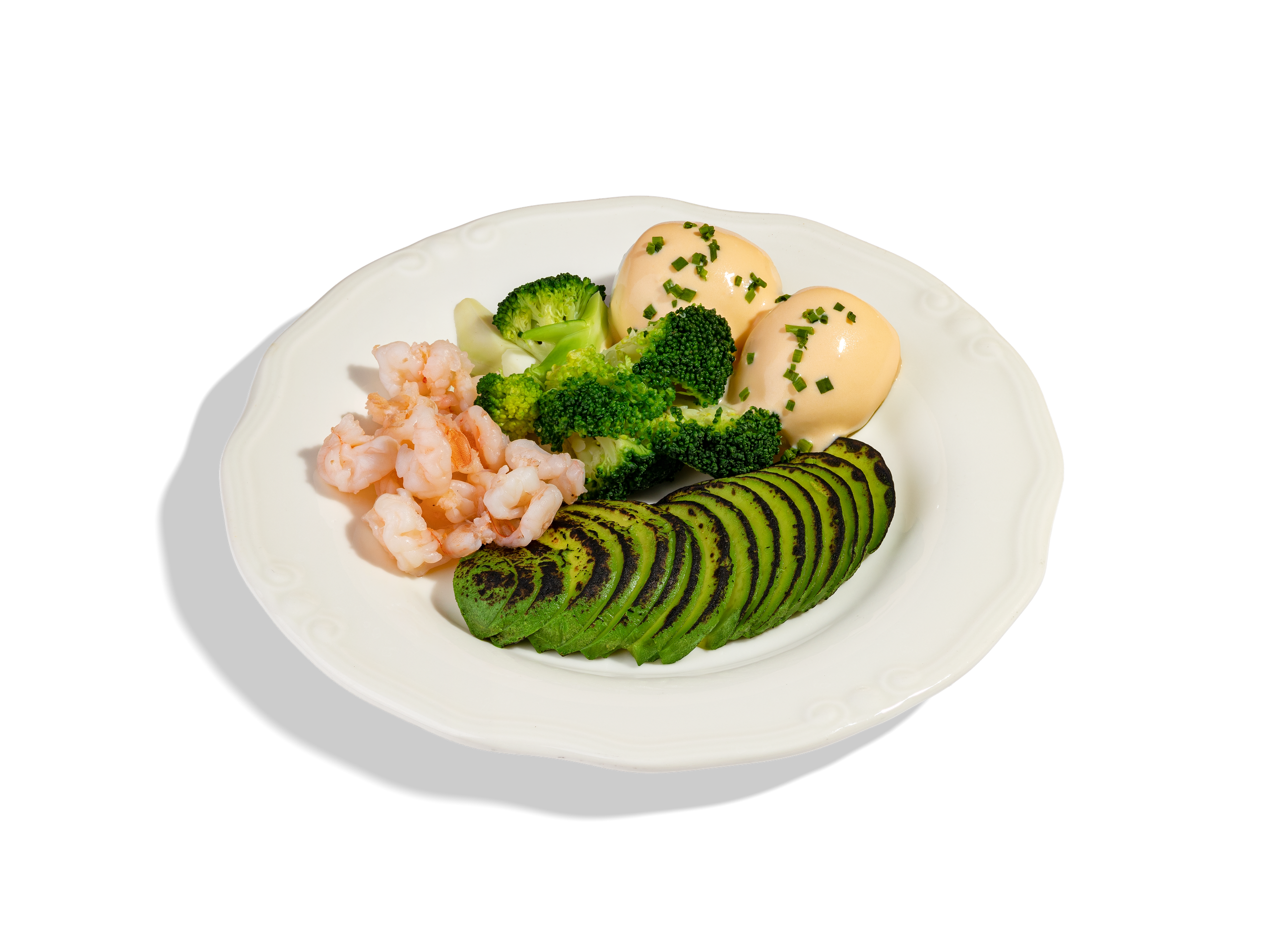 КЕТО - ЗАВТРАК С БРОККОЛИ, АВОКАДО И КРЕВЕТКАМИ — 950₽. Авокадо, брокколи, яйцо- пятиминутка (2 шт), креветки, соус голландский. 