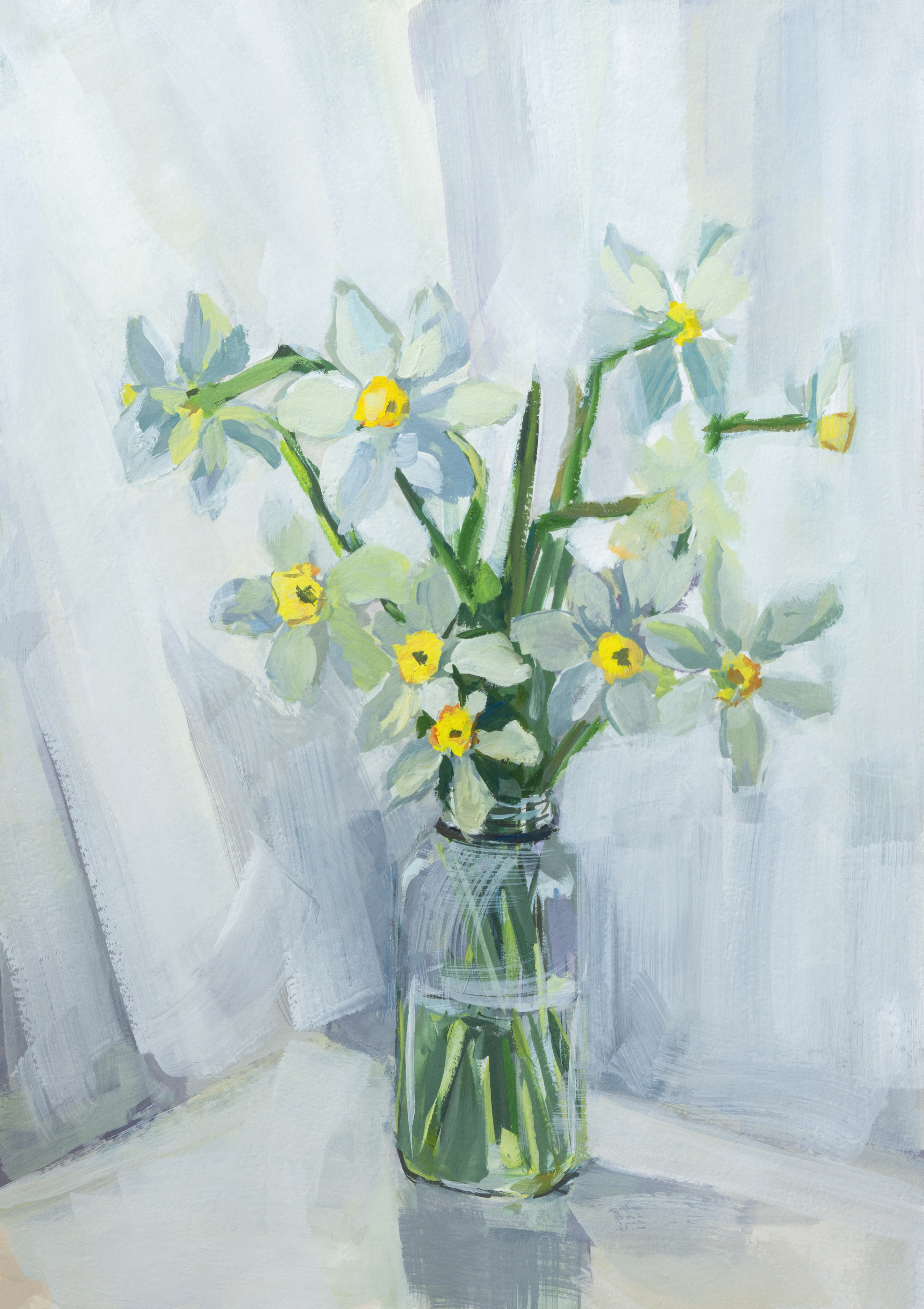"Нарциссы в бутылке на белом" бум.гуашь 42х30см, 2022г