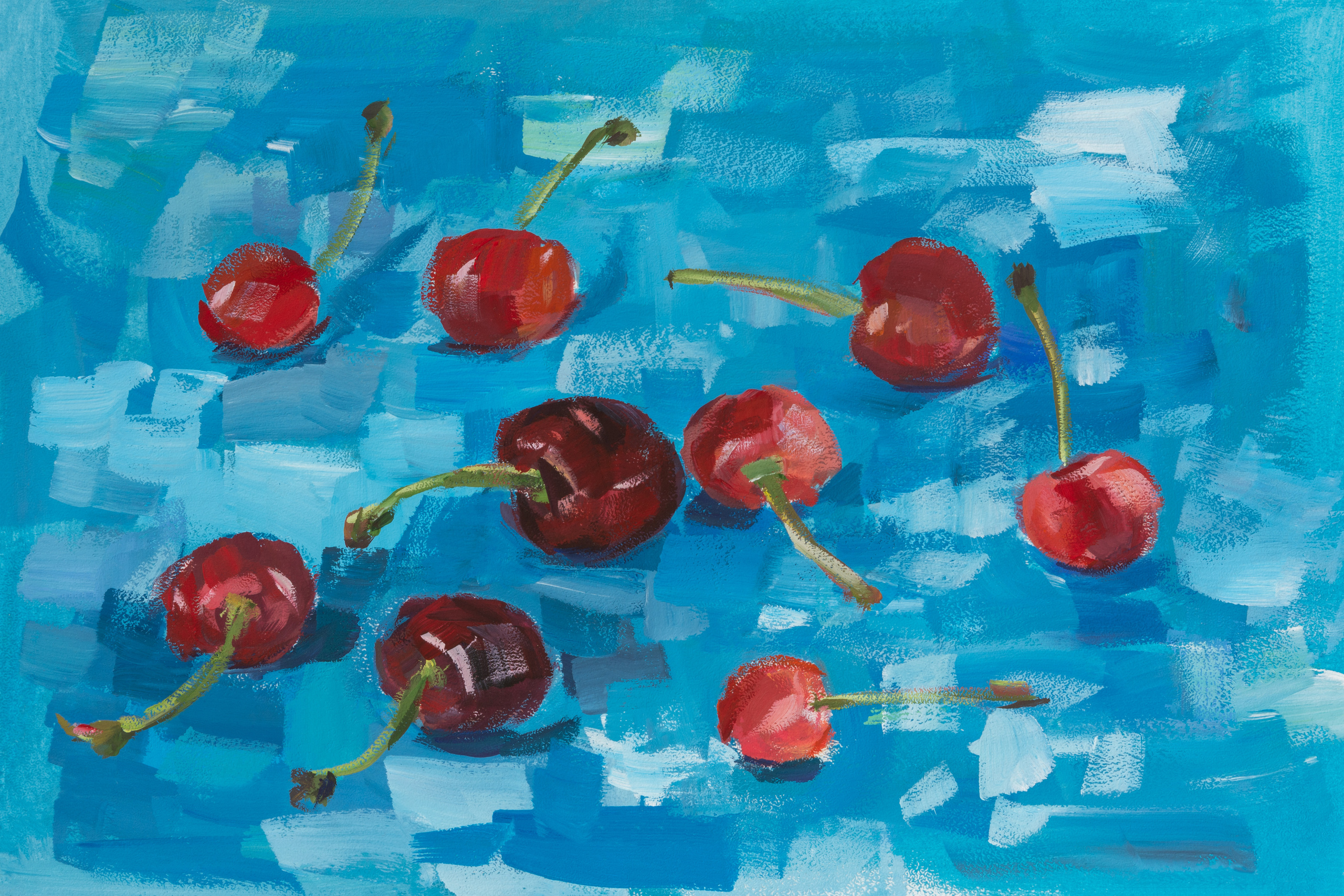 "Черешня на голубом фоне" бум.гуашь 21х30см, 2022г