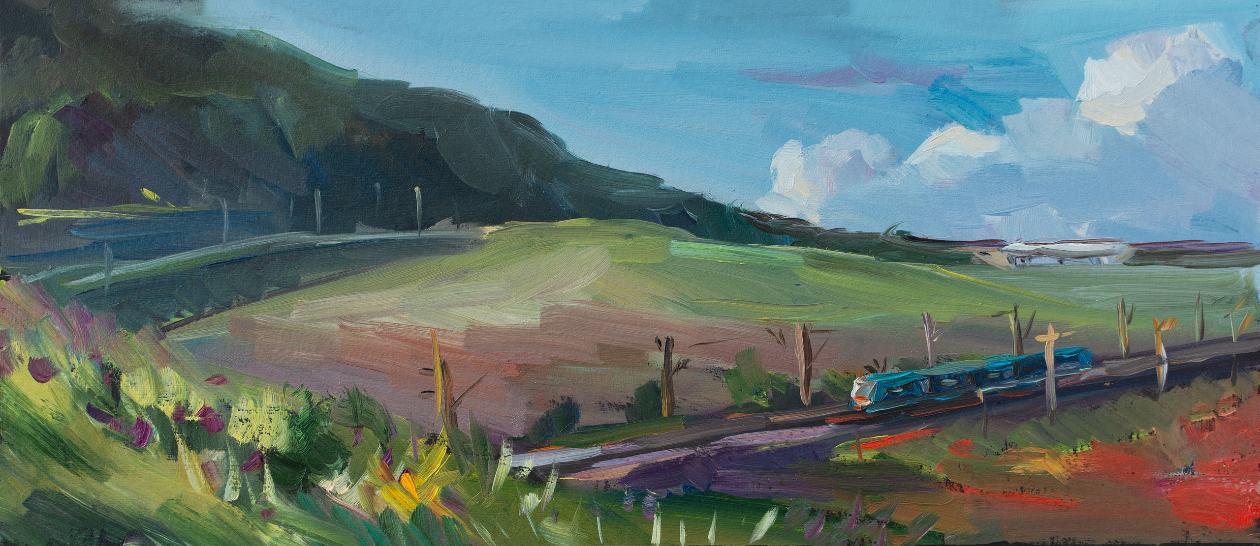 "Этюд. Электричка в Крыму" картон, масло 20х45см, 2021г