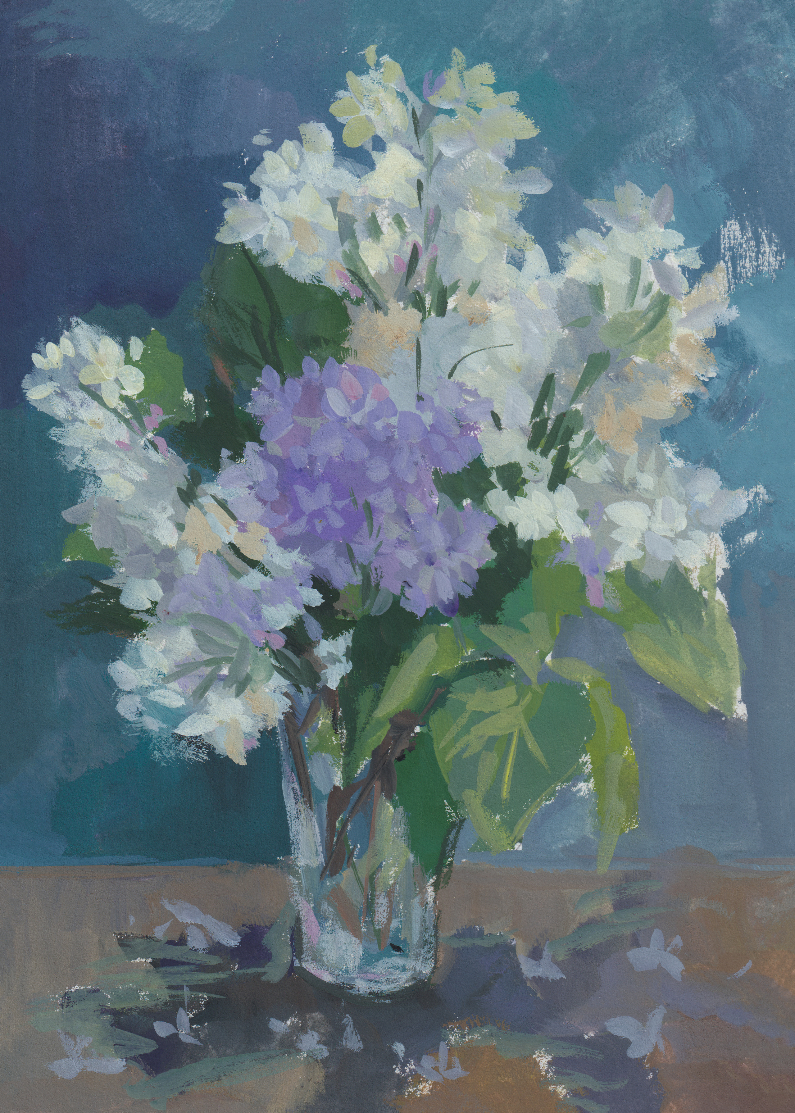 "Букет белой сирени на синем" бумага, гуашь 25х18см, 2023г