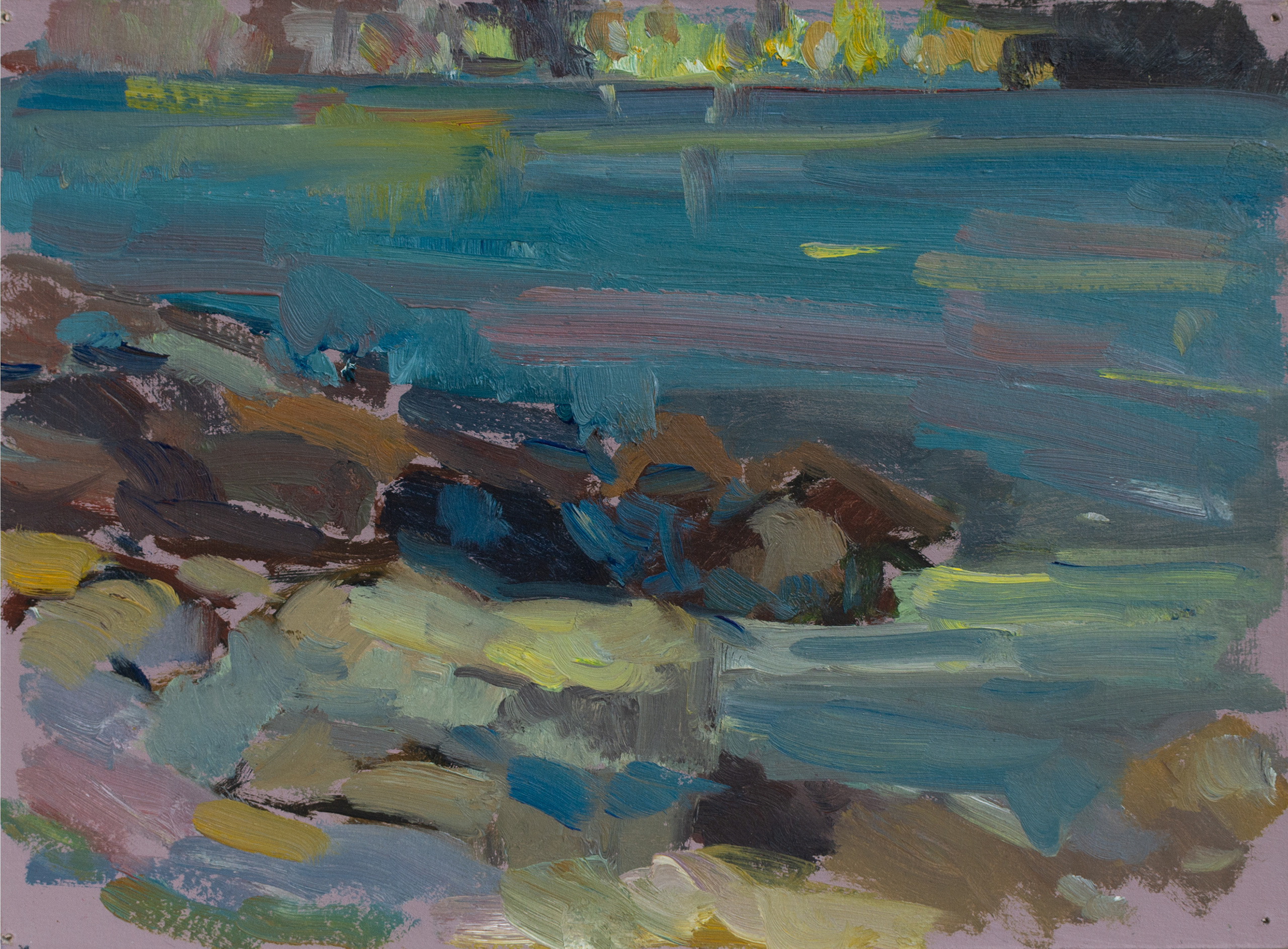 "Камни в розовом цвете заката" картон, масло 15х20.5см, 2023г