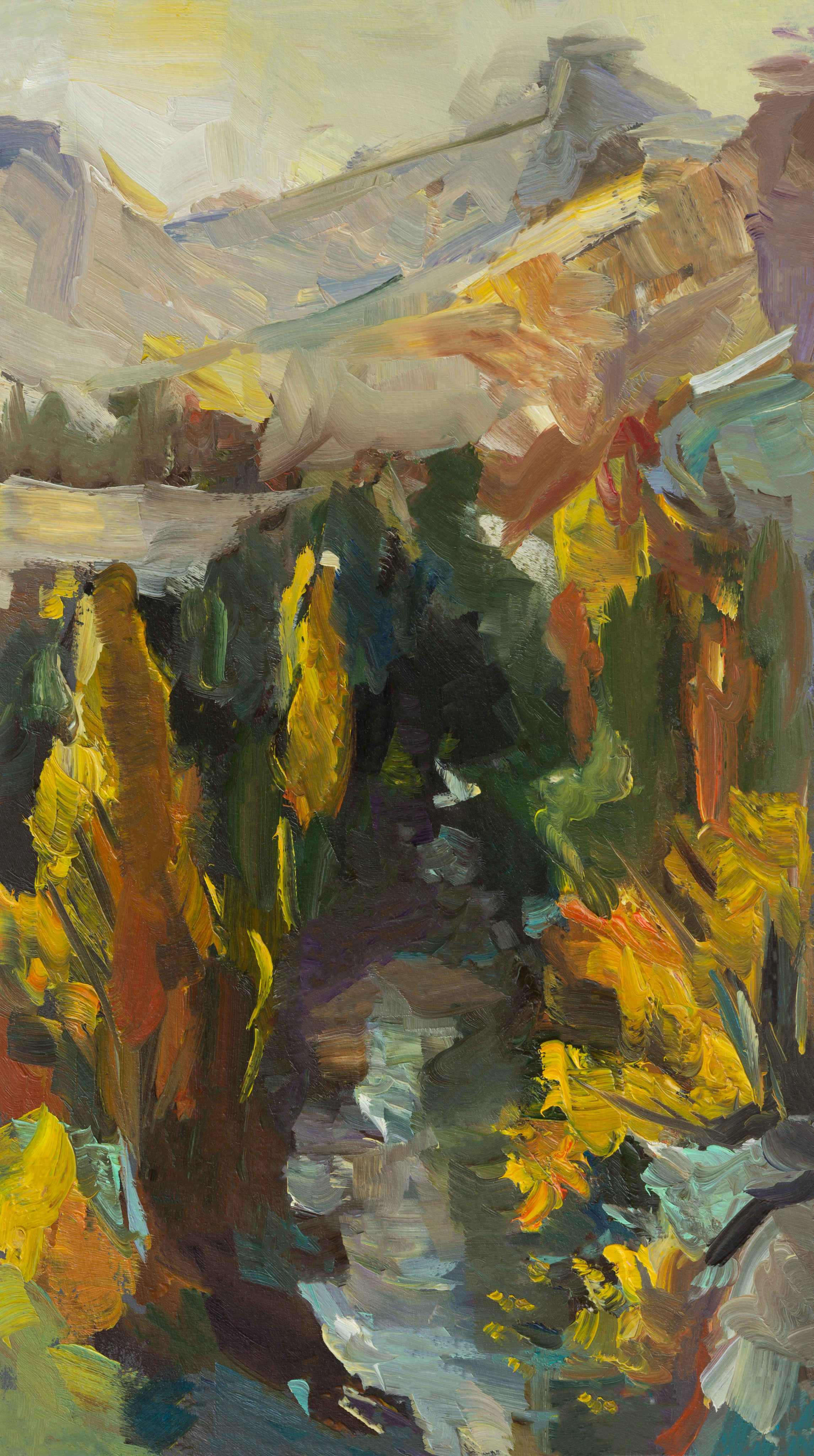 "Осень. река Бельбек. Крым" картон, масло 32х18см, 2021г