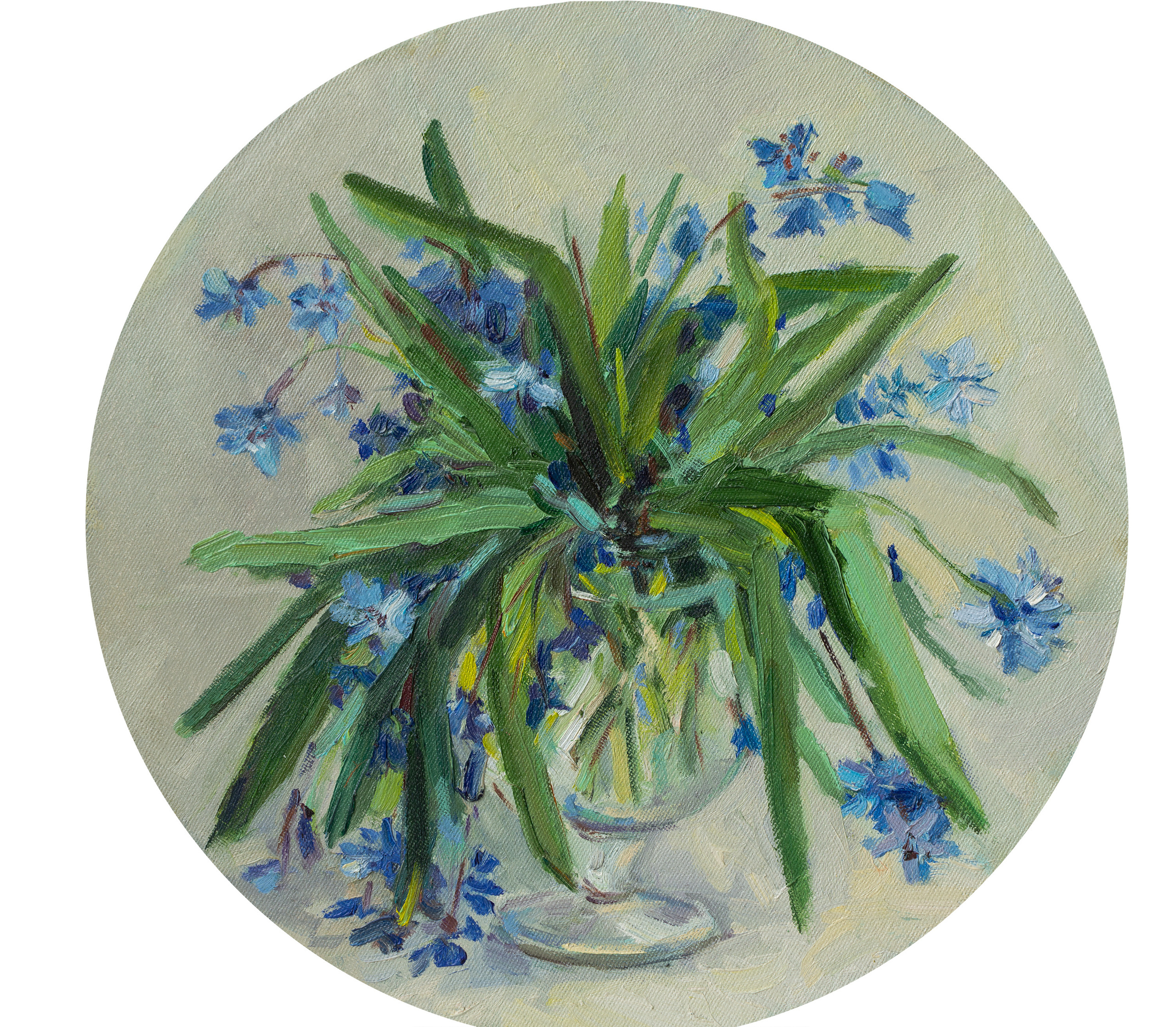 "Первые весенние цветы. Пролески" холст на картоне, масло диаметр 30см, 2023г