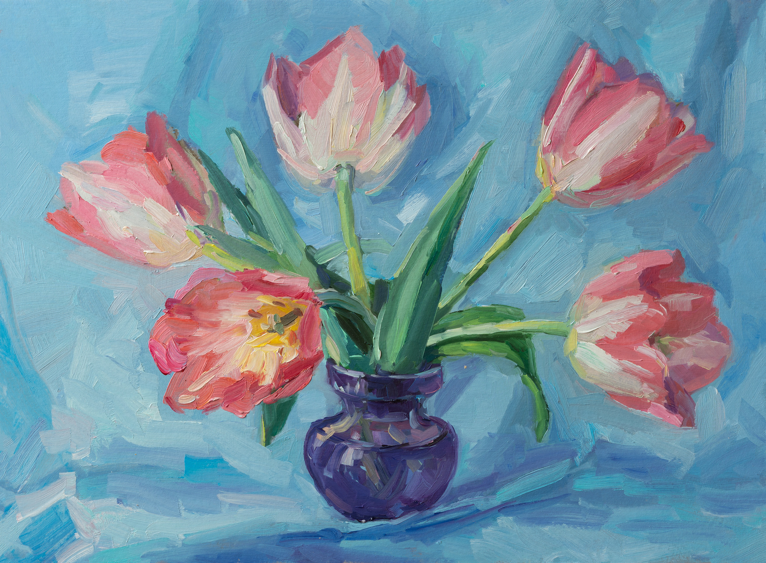 "Розовые тюльпаны" картон, масло 35х47см, 2022г