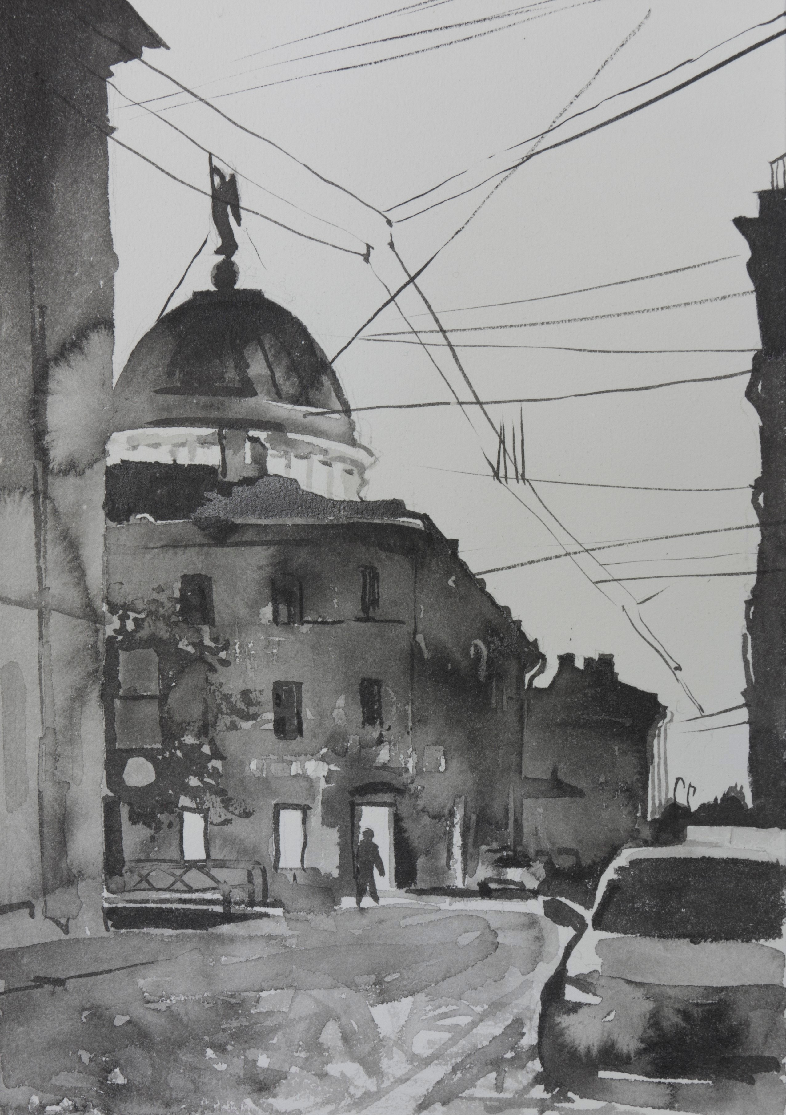 город, графика, черно-белый город, белые ночи, Петербург