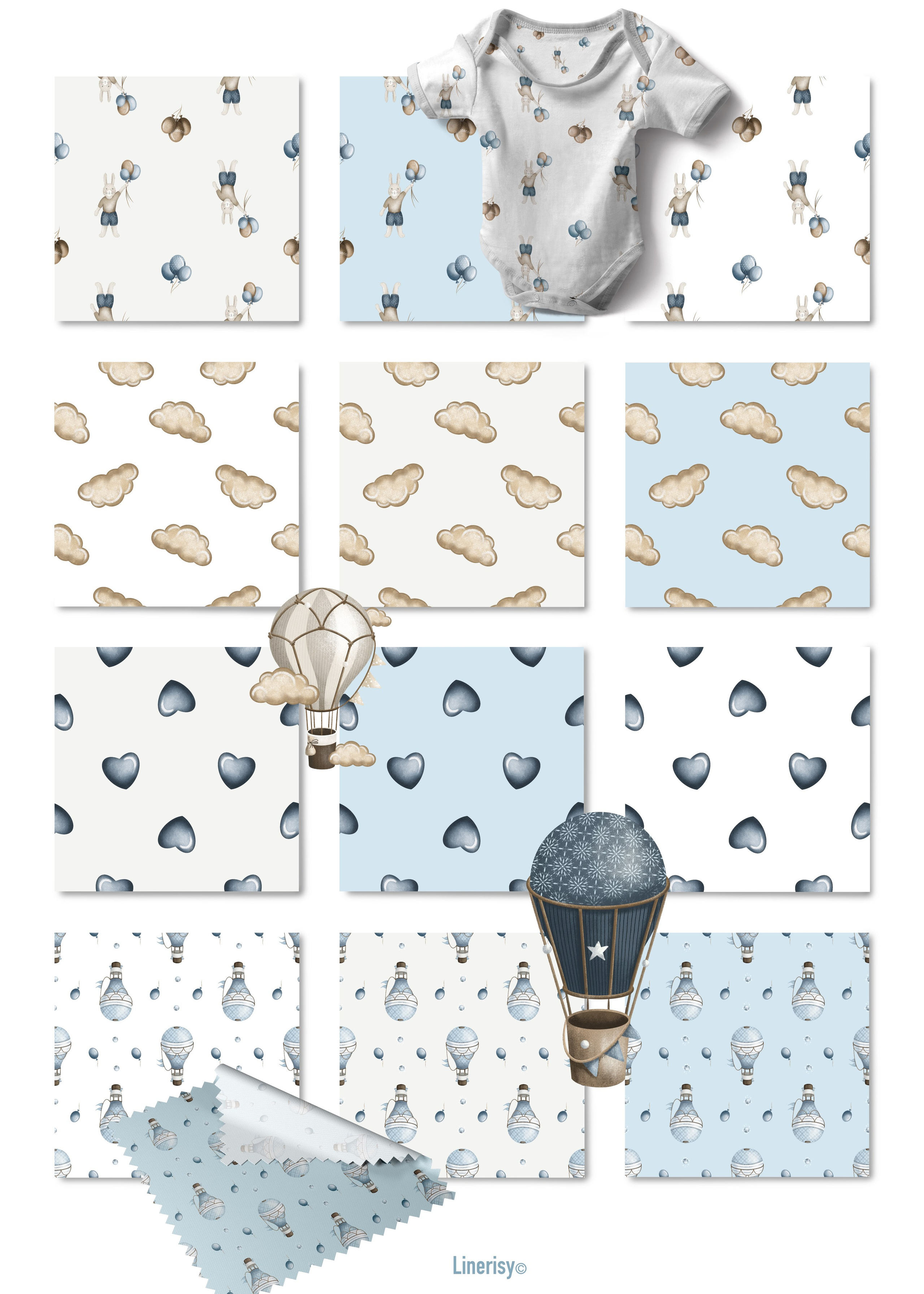 Коллекция «Зайка на воздушном шаре» — графические иллюстрации, композиции и бесшовные паттерны. Художник-иллюстратор Евгения Бекренёва