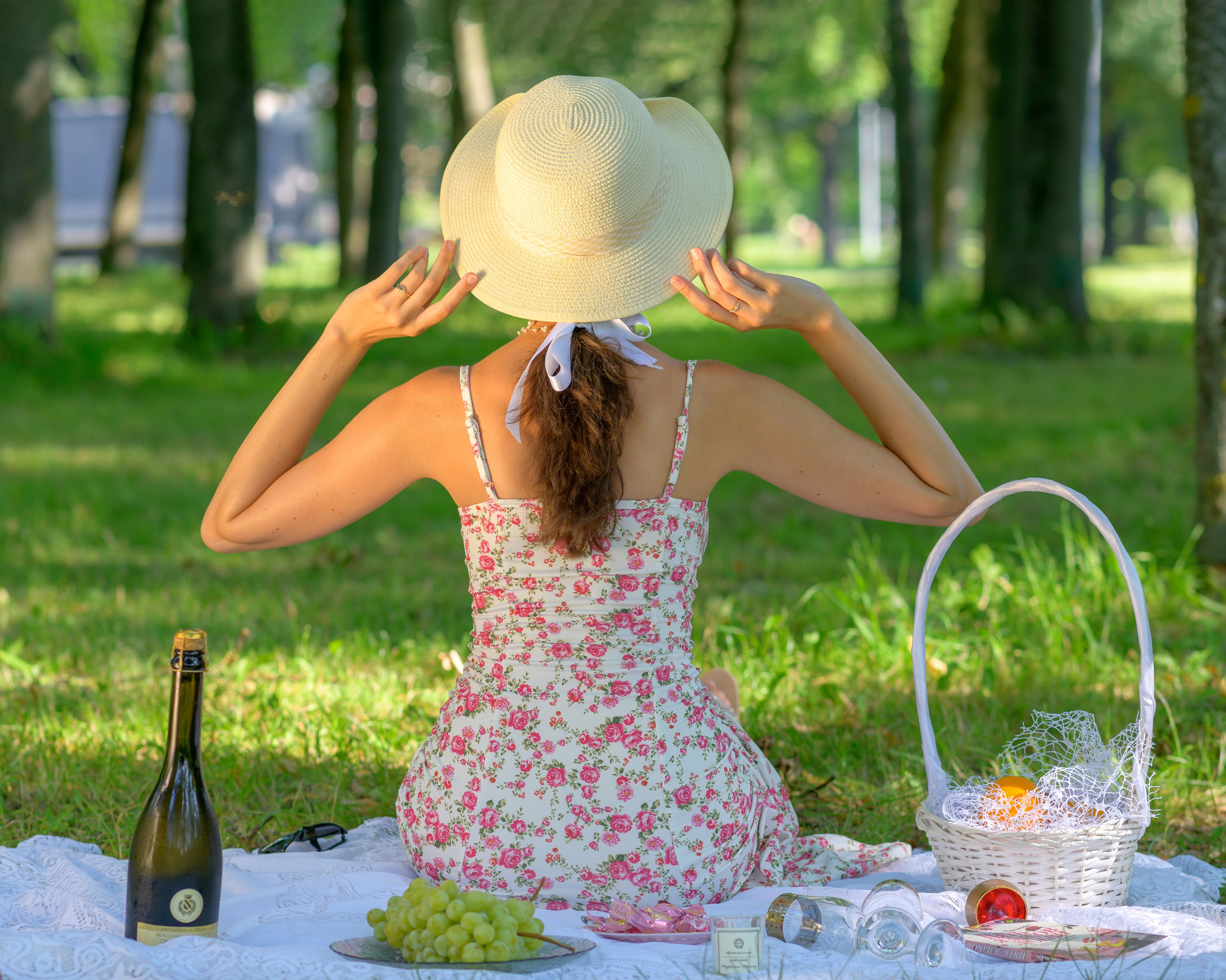 Лето. Пикник в парке. Девушка в легком платье