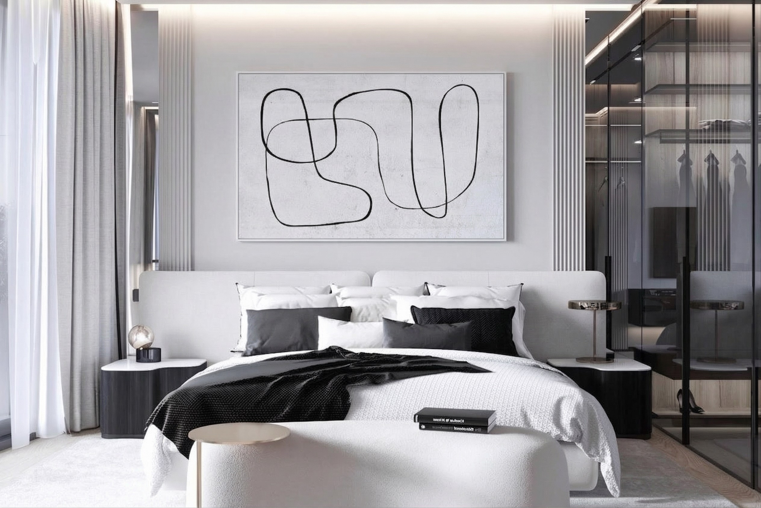 Дизайн мастер-спальни в квартире 113 м² от Валерии Котович: белая кровать с мягким изголовьем, современная живопись, стеклянная гардеробная и банкетка букле в стиле quiet luxury.