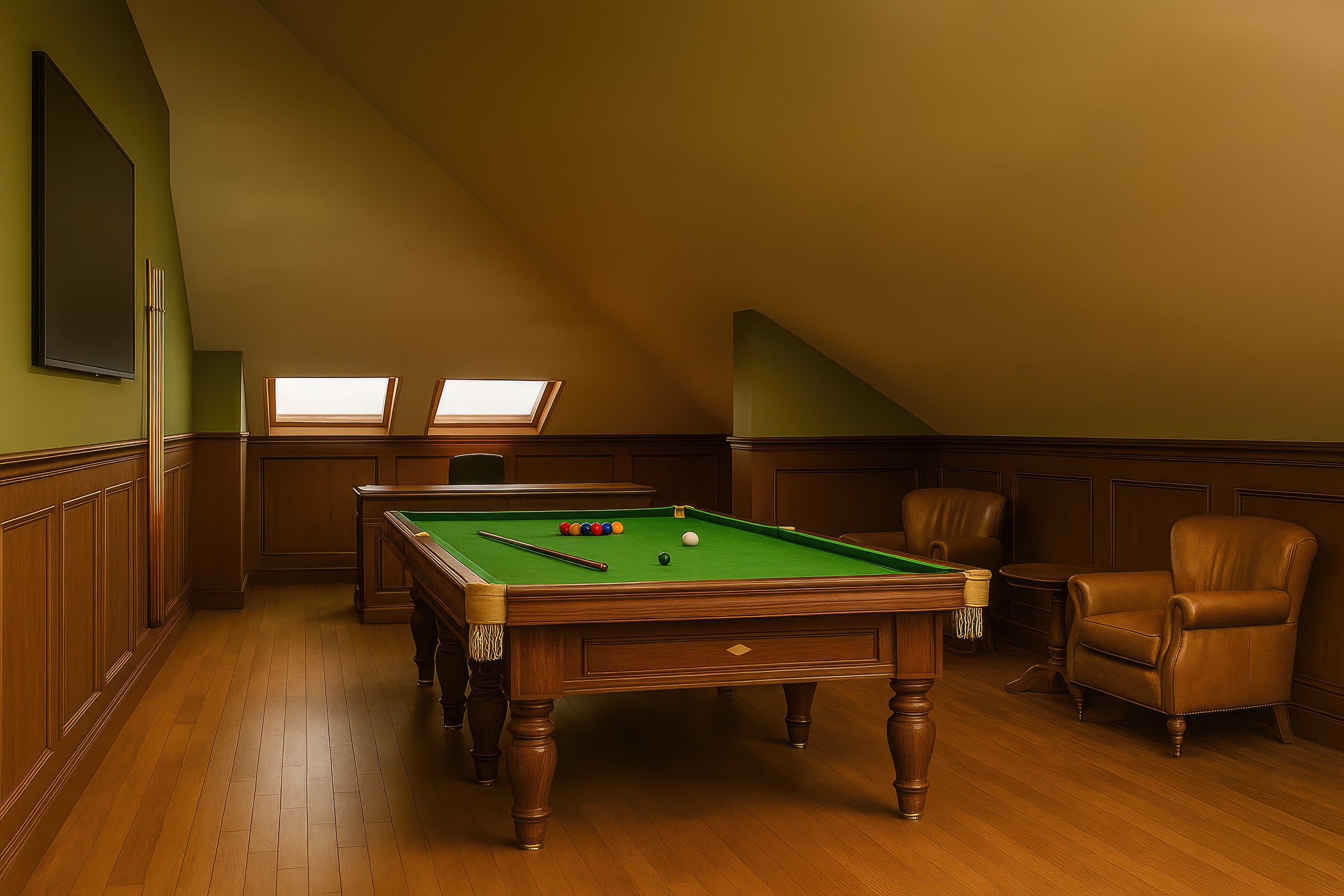 Качественный вид игровой комнаты с бильярдным столом и панелями