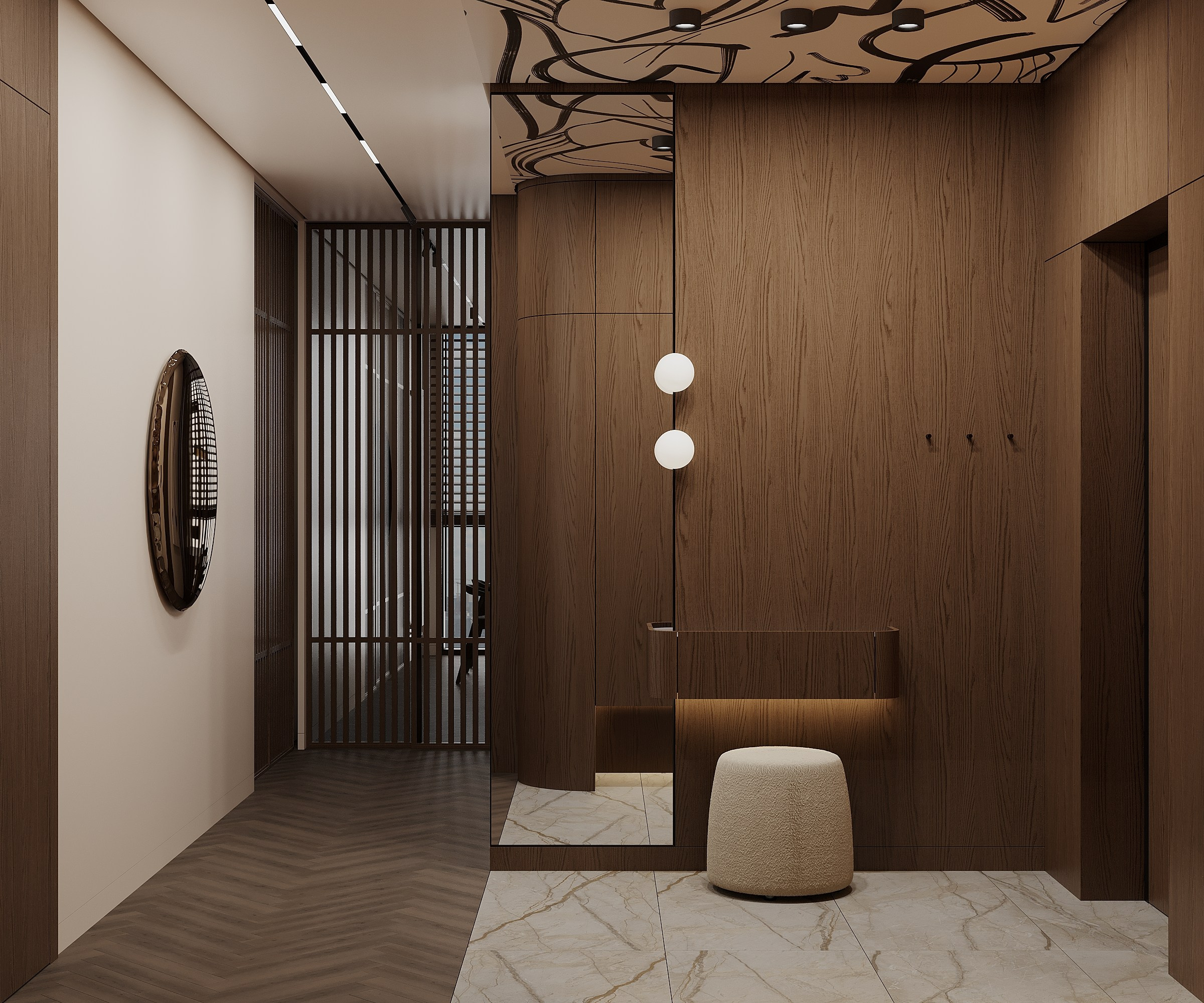 Прихожая в современном стиле в деревянных панелях  A modern style hallway with natural wood wall finishes