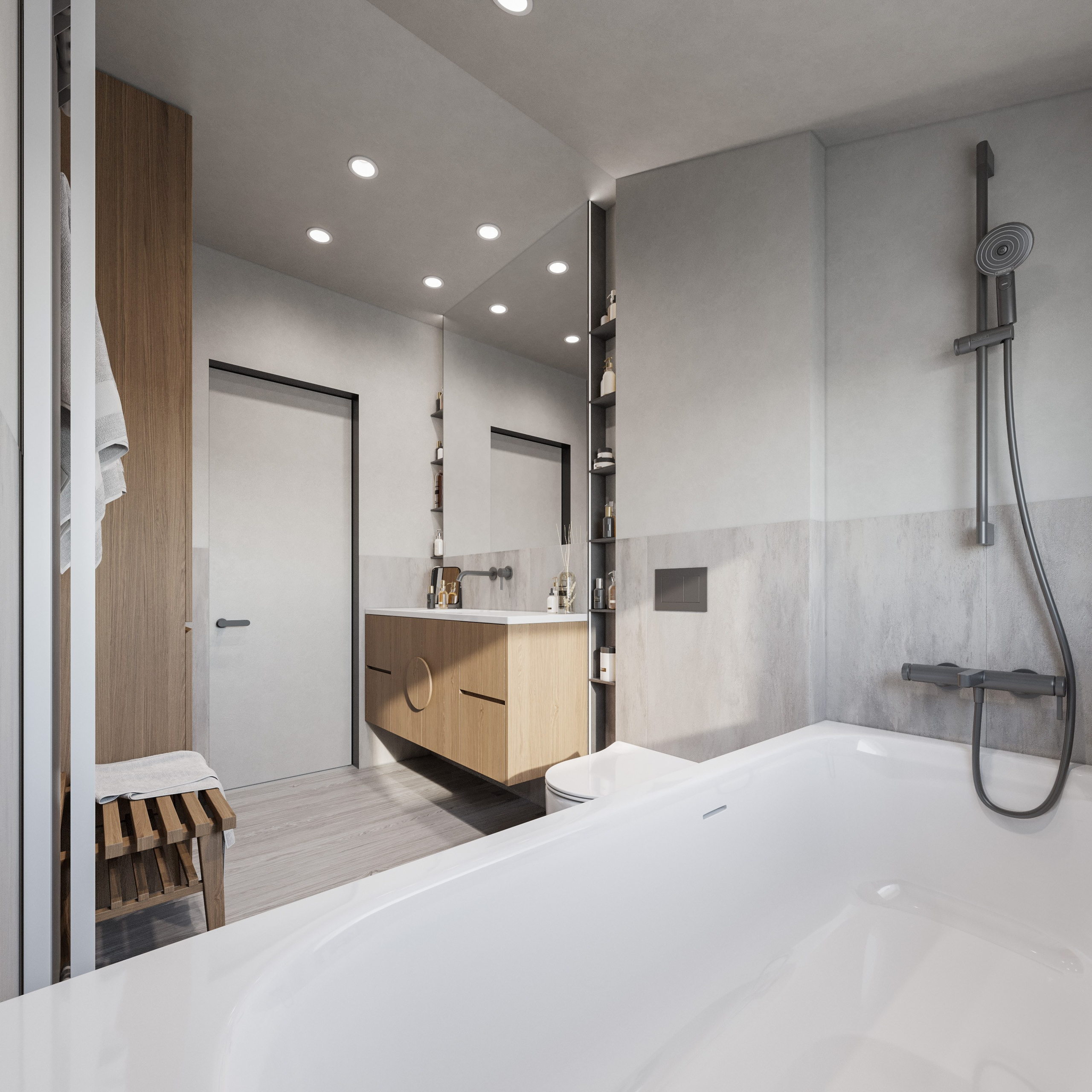 Ванная комната в минимализме с деревянными элементами и мраморной столешницей