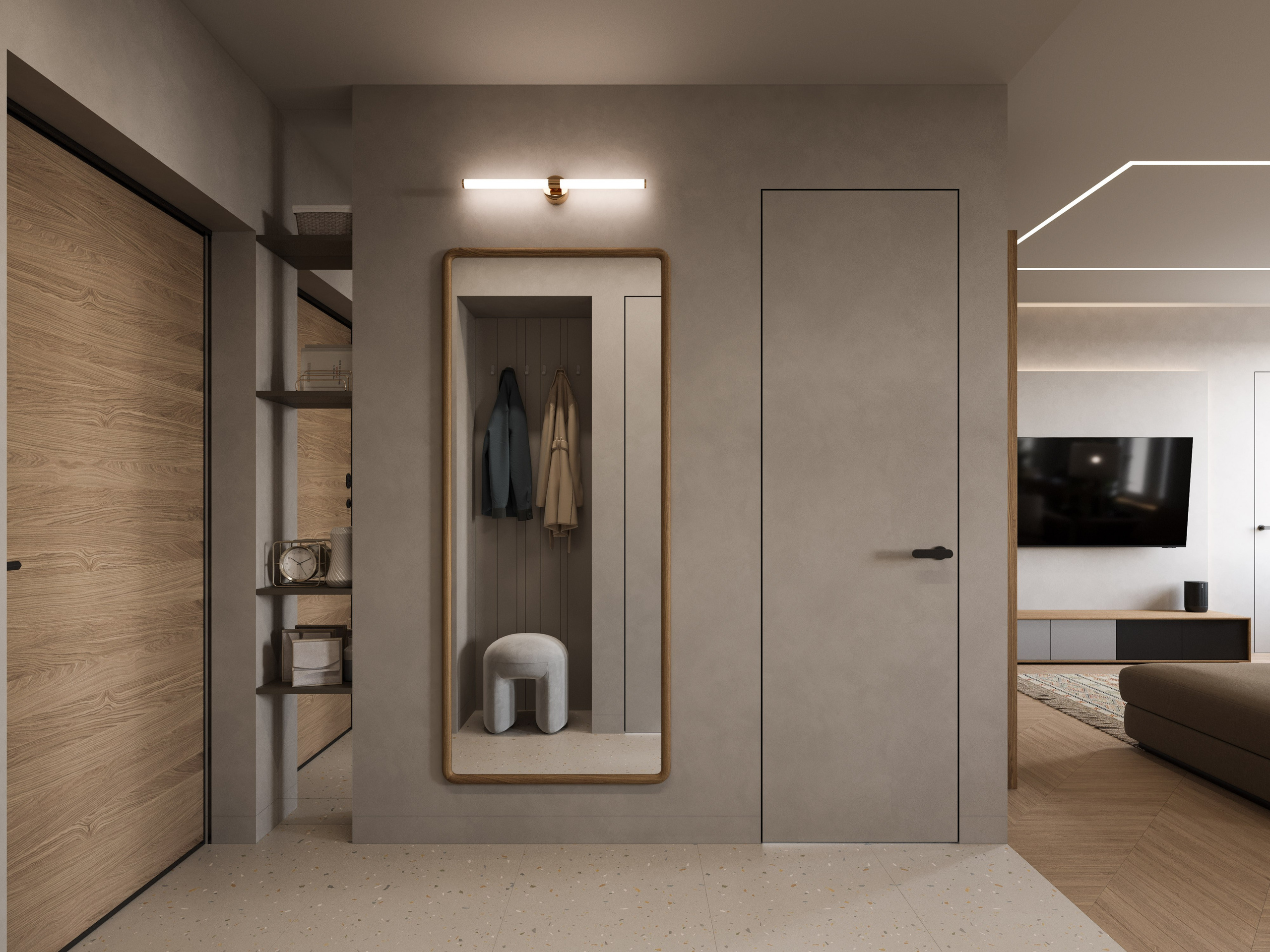 Визуализация входной группы с зеркальной нишей и аккуратным зеркалом в деревянном раме