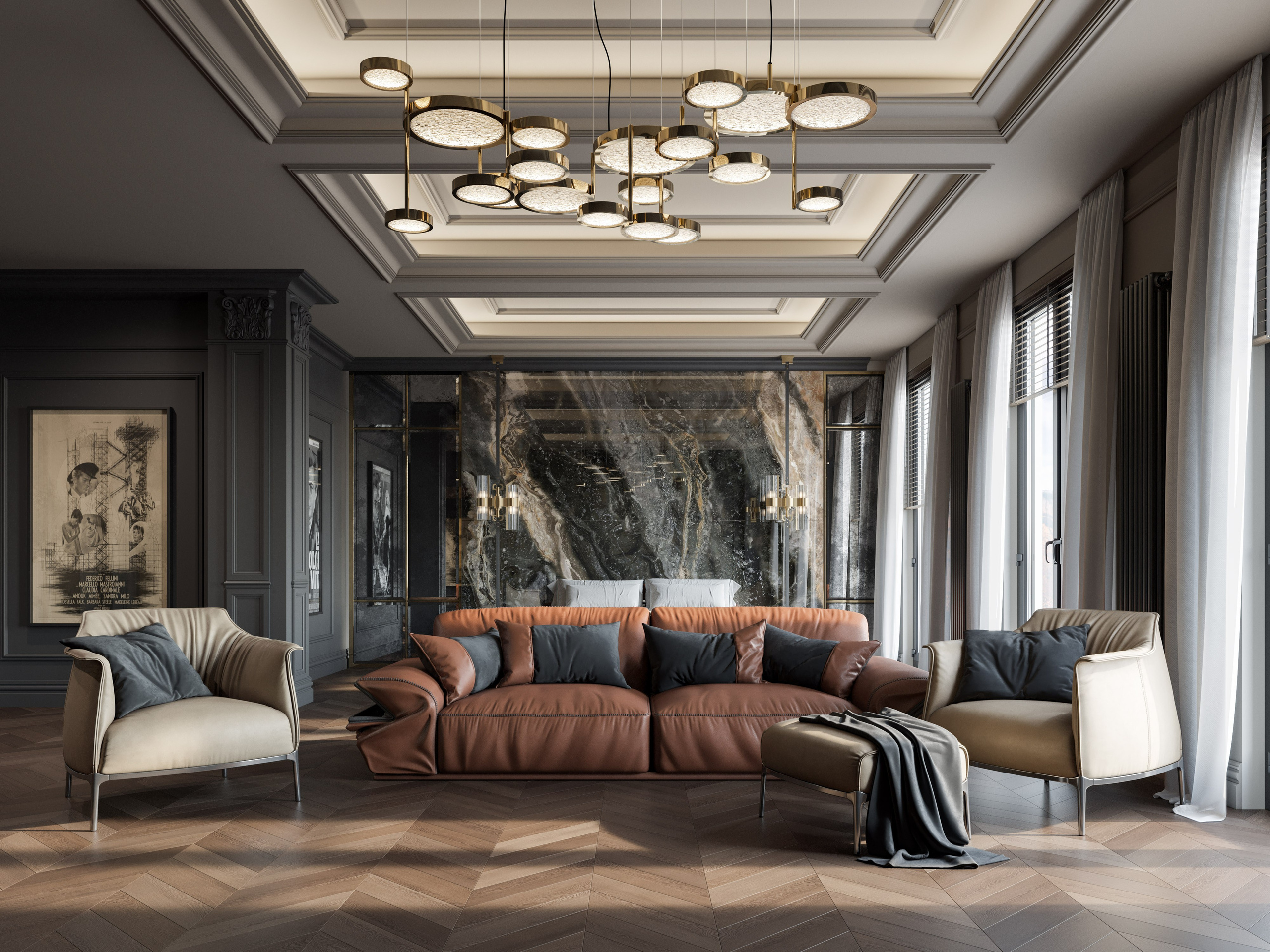 3D визуализация зоны отдыха в спальне с кожаными диваном и креслами и кофейным столиком