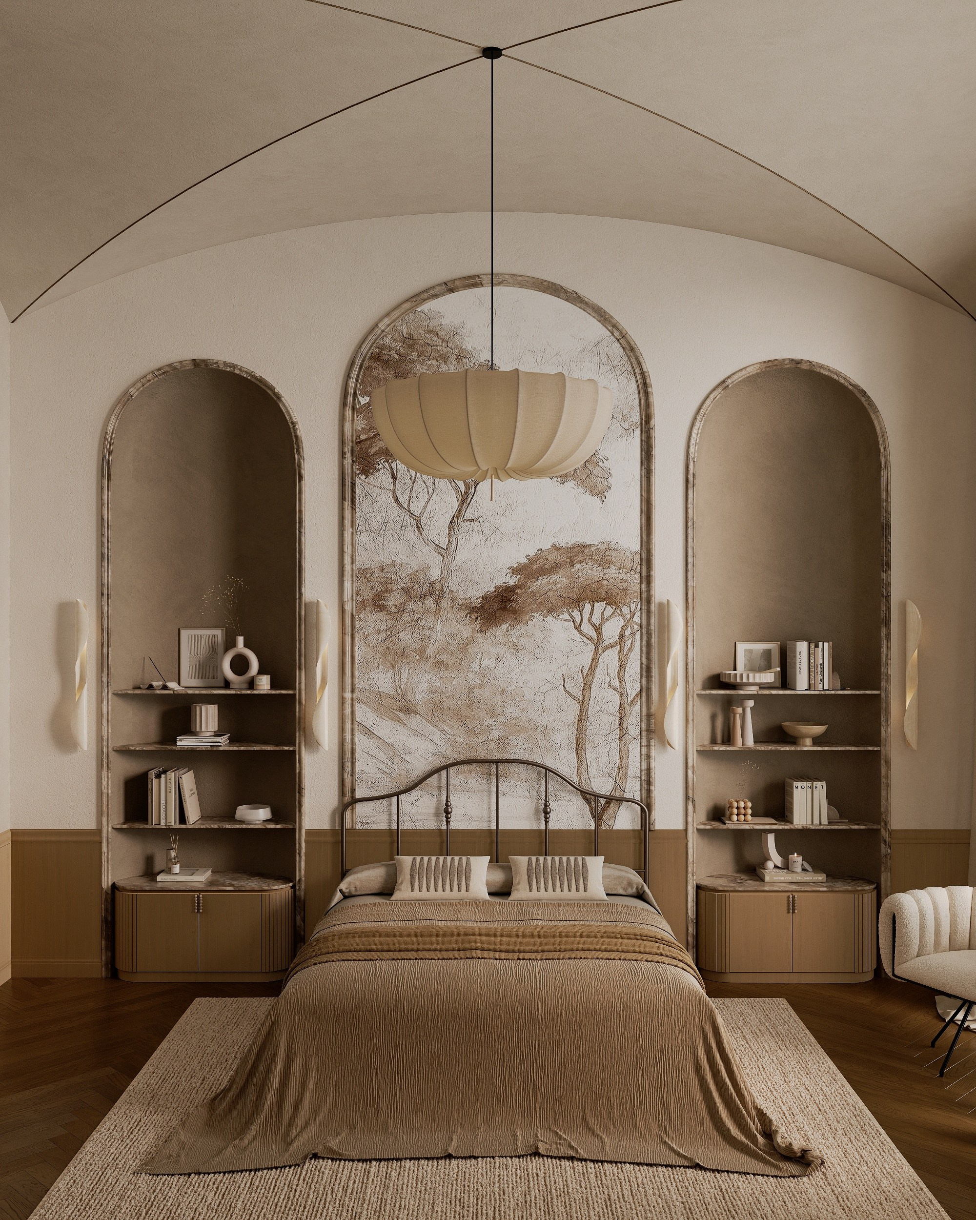 Bedroom interior in the spirit of neoclassicism and minimalism. Solovets visualization