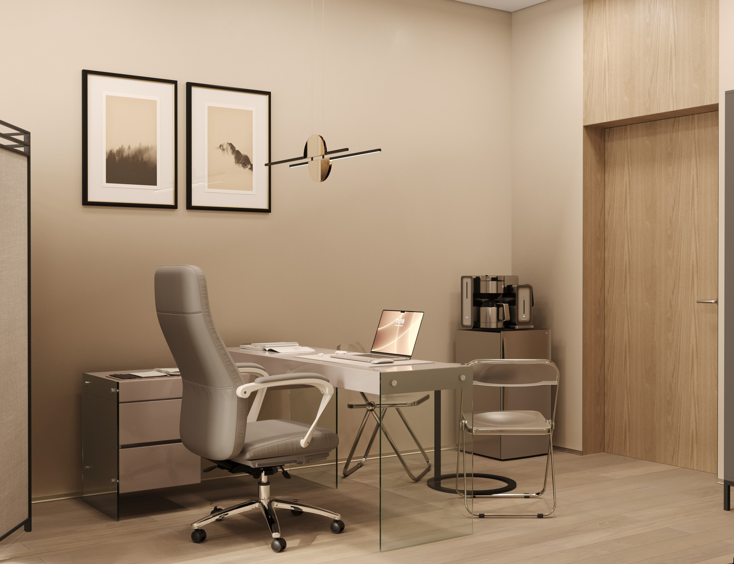 Интерьер рабочей зоны компактного офиса с современным креслом, ноутбуком и деревянной дверью.