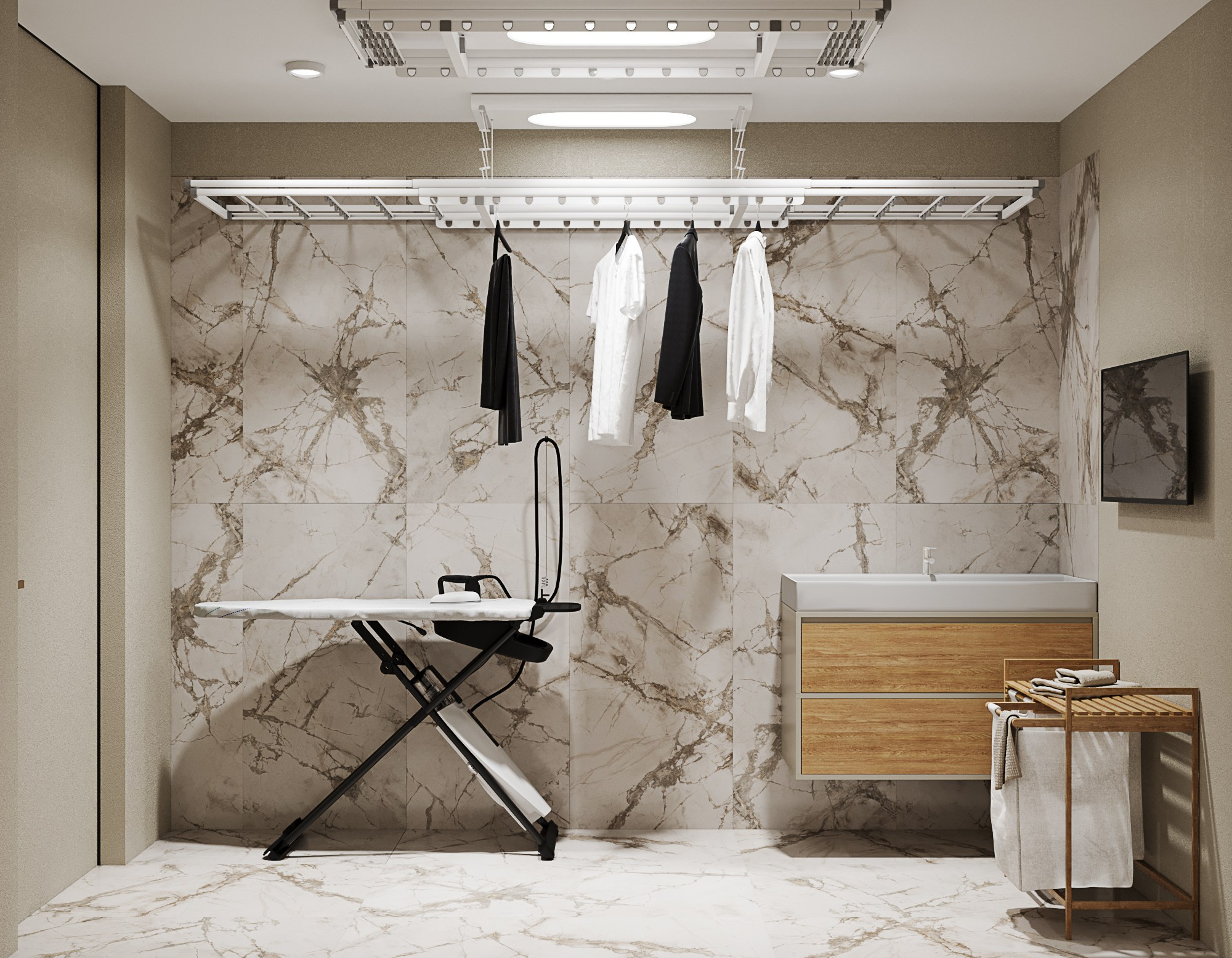 Визуализация рабочей зоны прачечной с раковиной, мраморной отделкой и потолочной сушилкой для белья