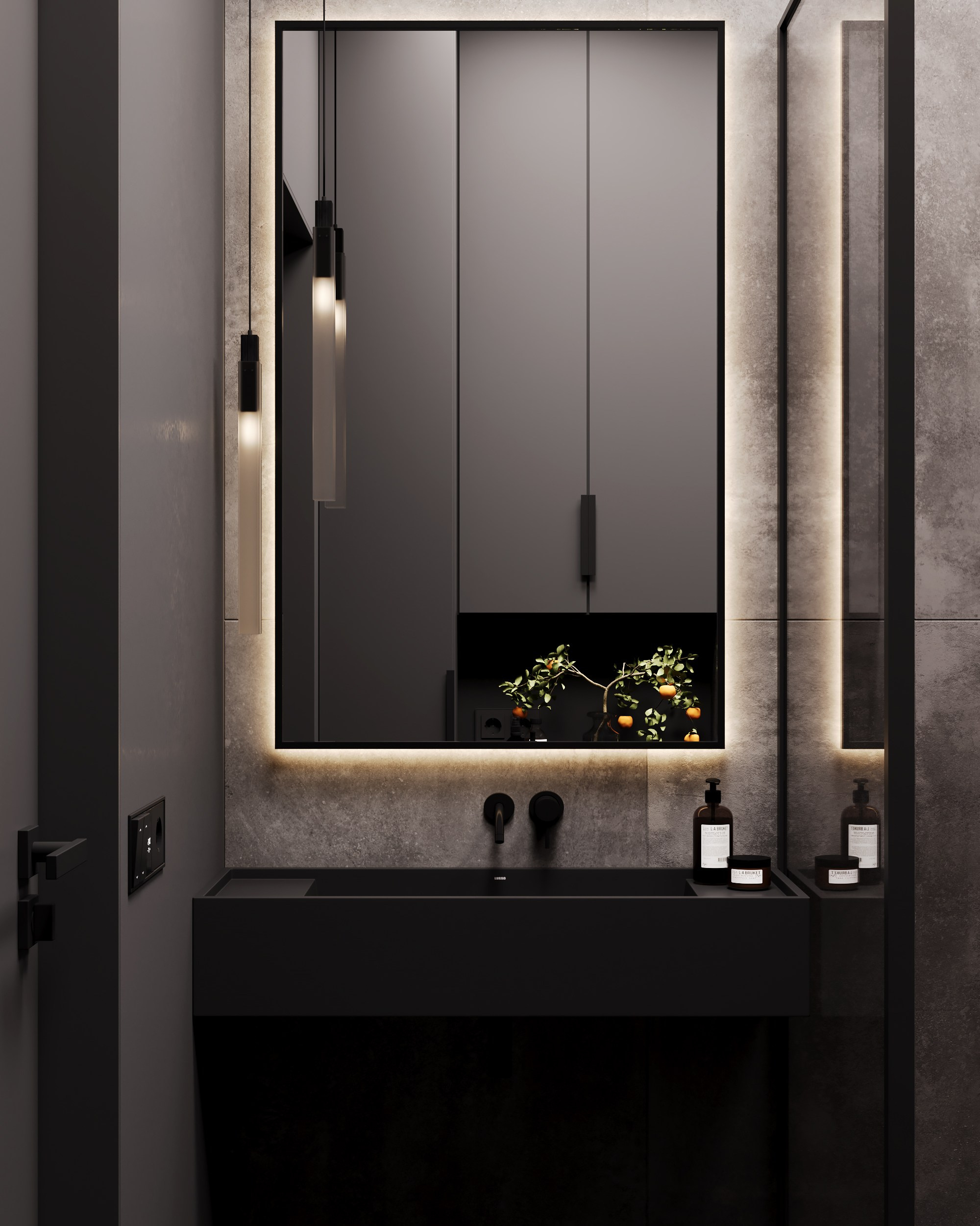 Black, winter bathroom. Дизайн интерьера | 3D визуализация | Миланская Марина
