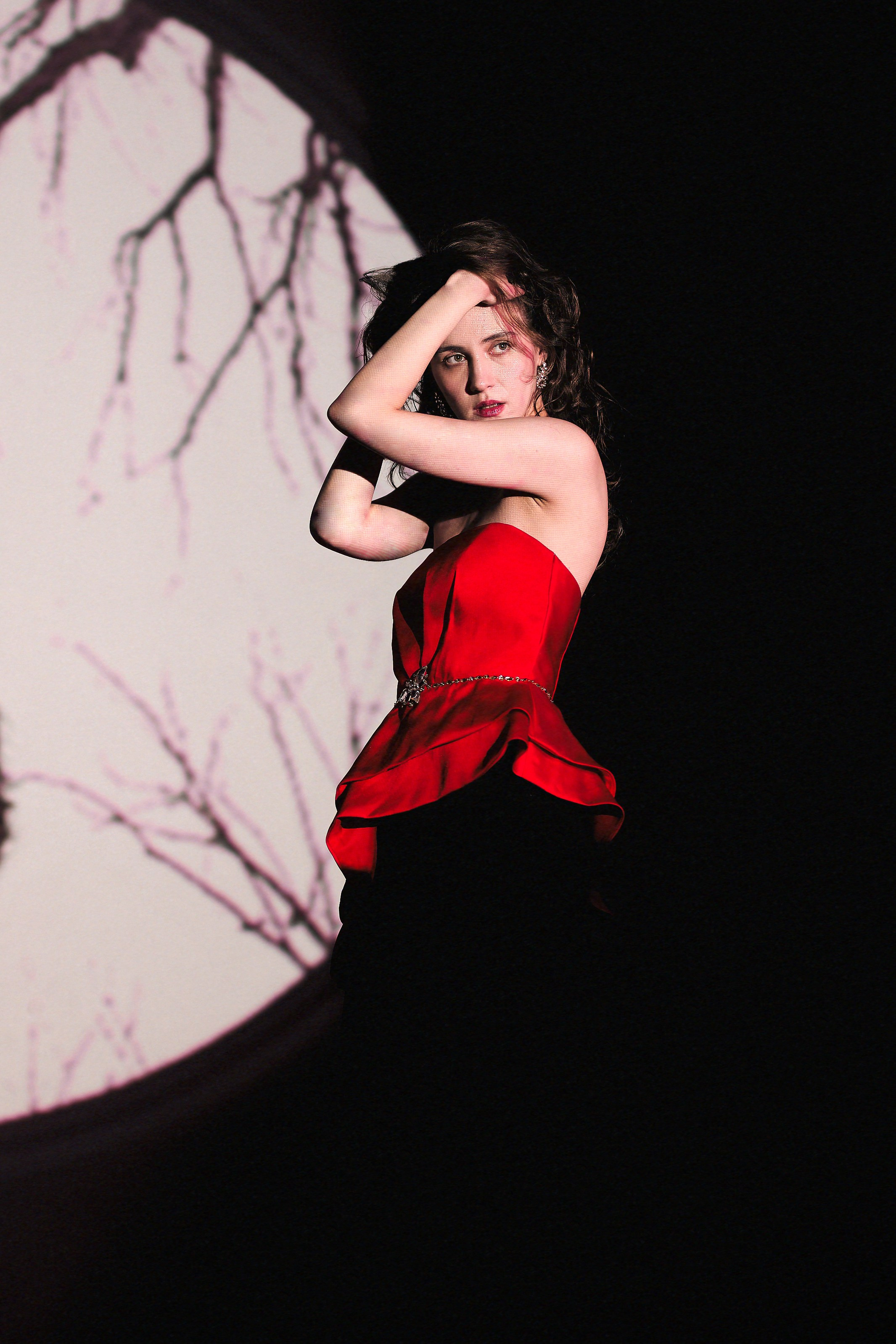 Арт-портрет девушки в красном платье на черном фоне с проекцией ветвей деревьев, драматичное освещение, fashion art