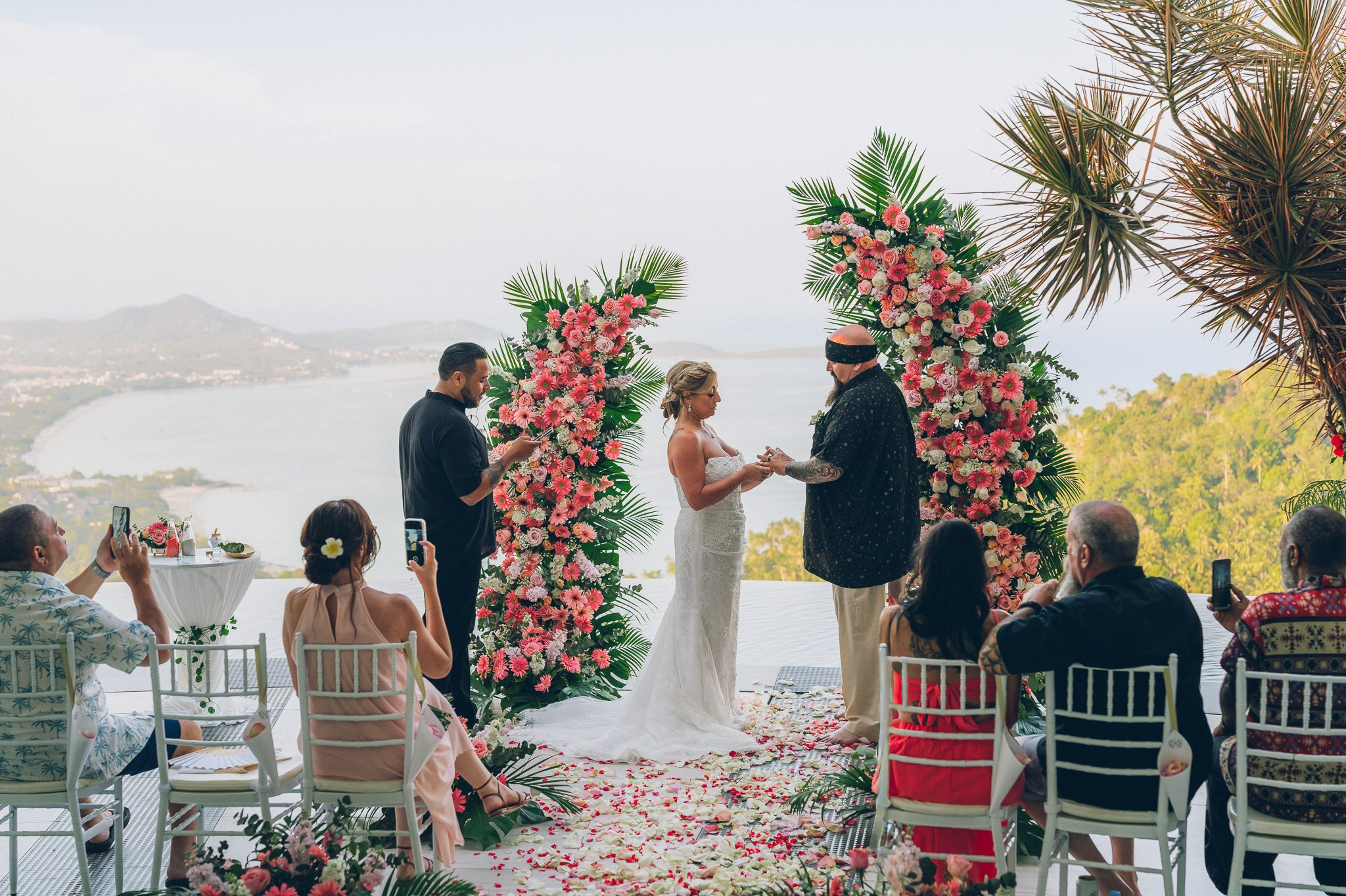 Elegant villa wedding ceremony overlooking the ocean in Koh Samui, Thailand