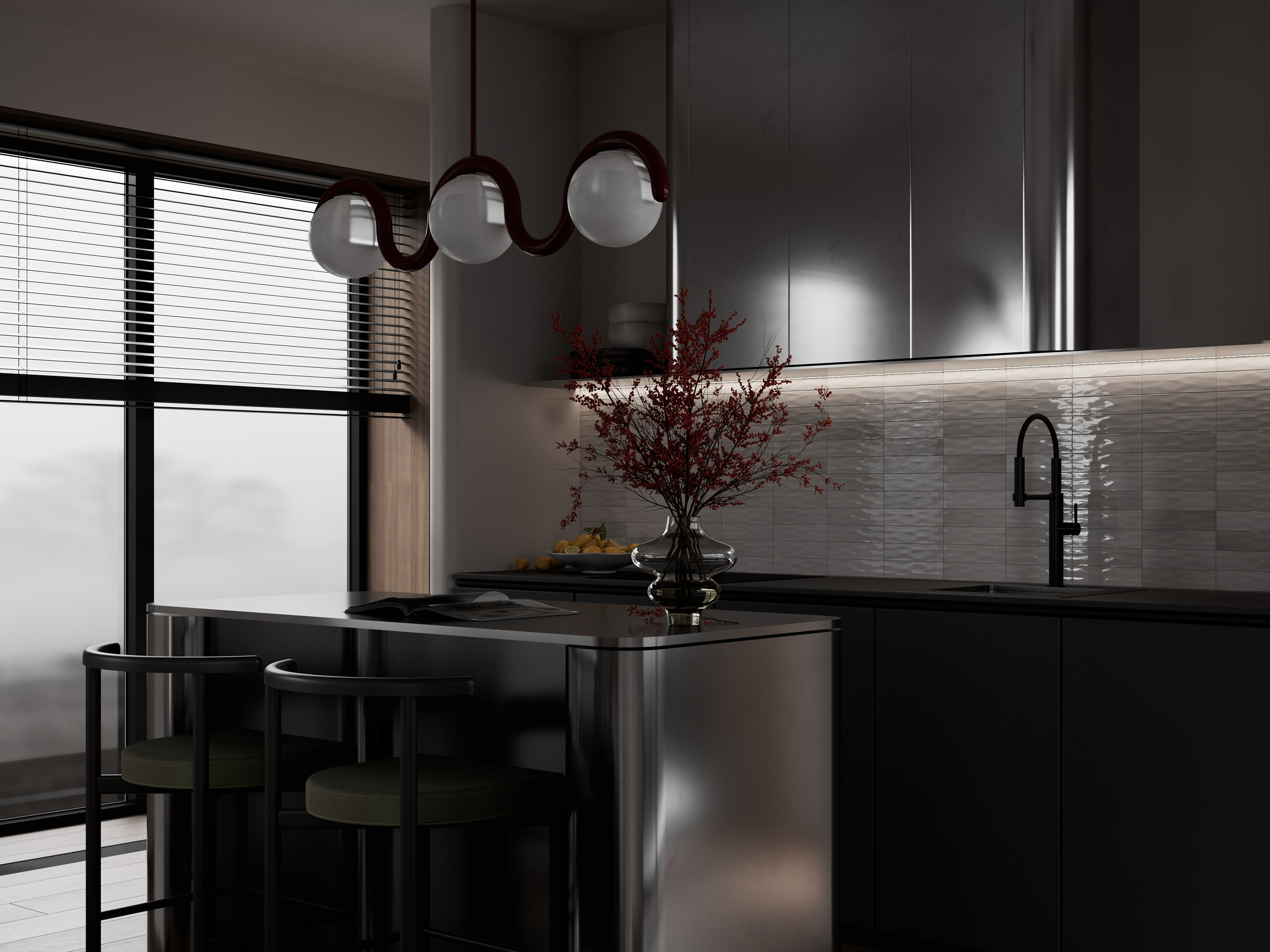 3D Визуализации кухни-гостинной в загородном доме. 3D визуализатор и дизайнер-интерьера