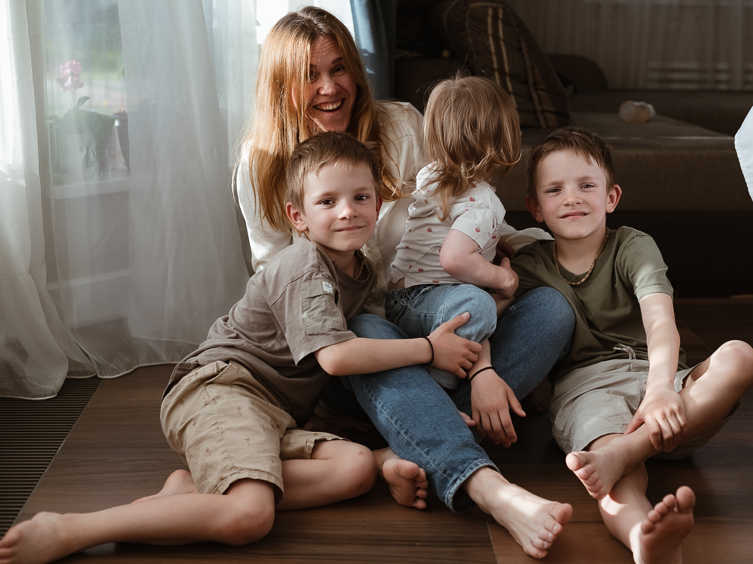 Twins with sister. Home