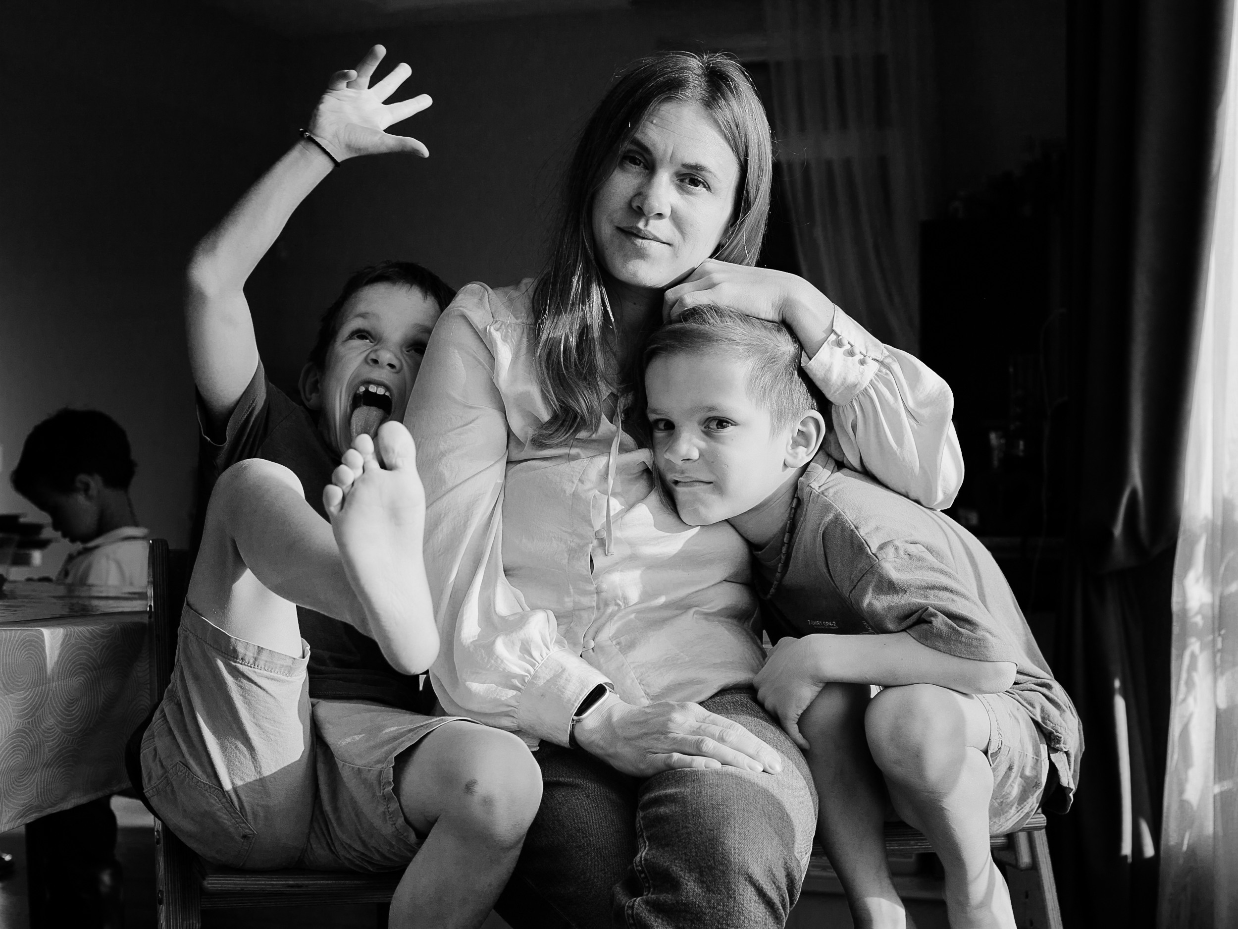 Twins with sister. Home