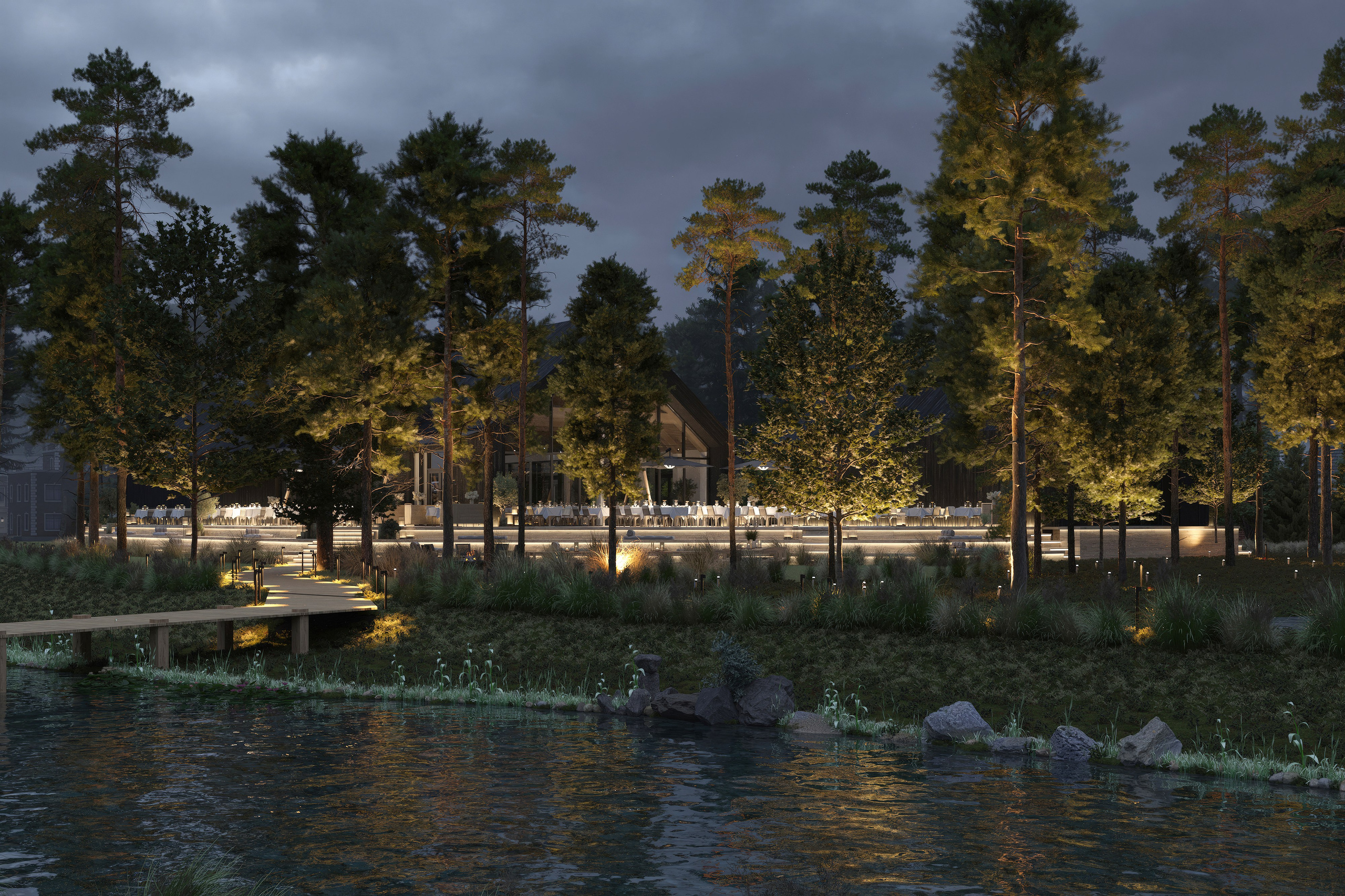 Ночная визуализация ресторана, отражение в воде, лес, архитектура с подсветкой