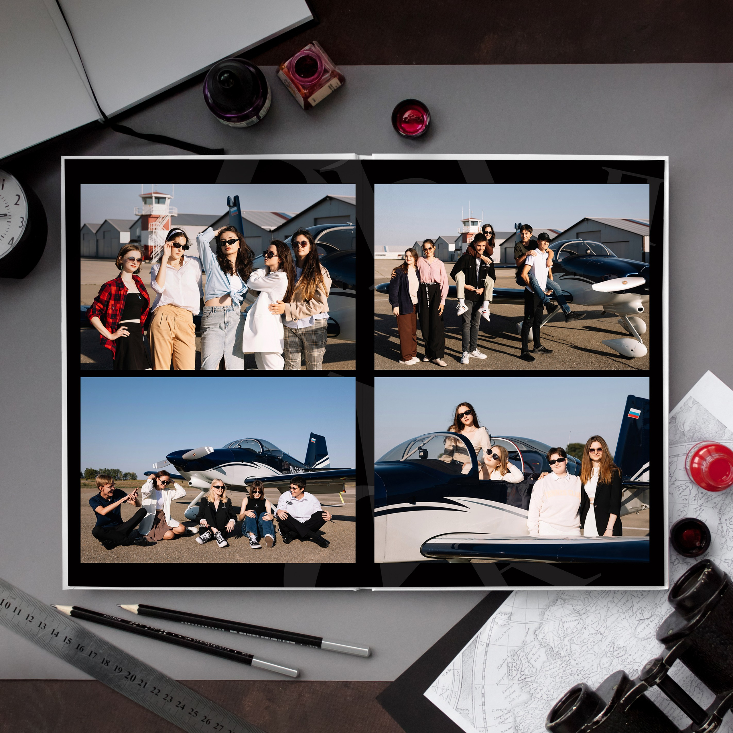 Выпускной класс фотографируется на аэродроме