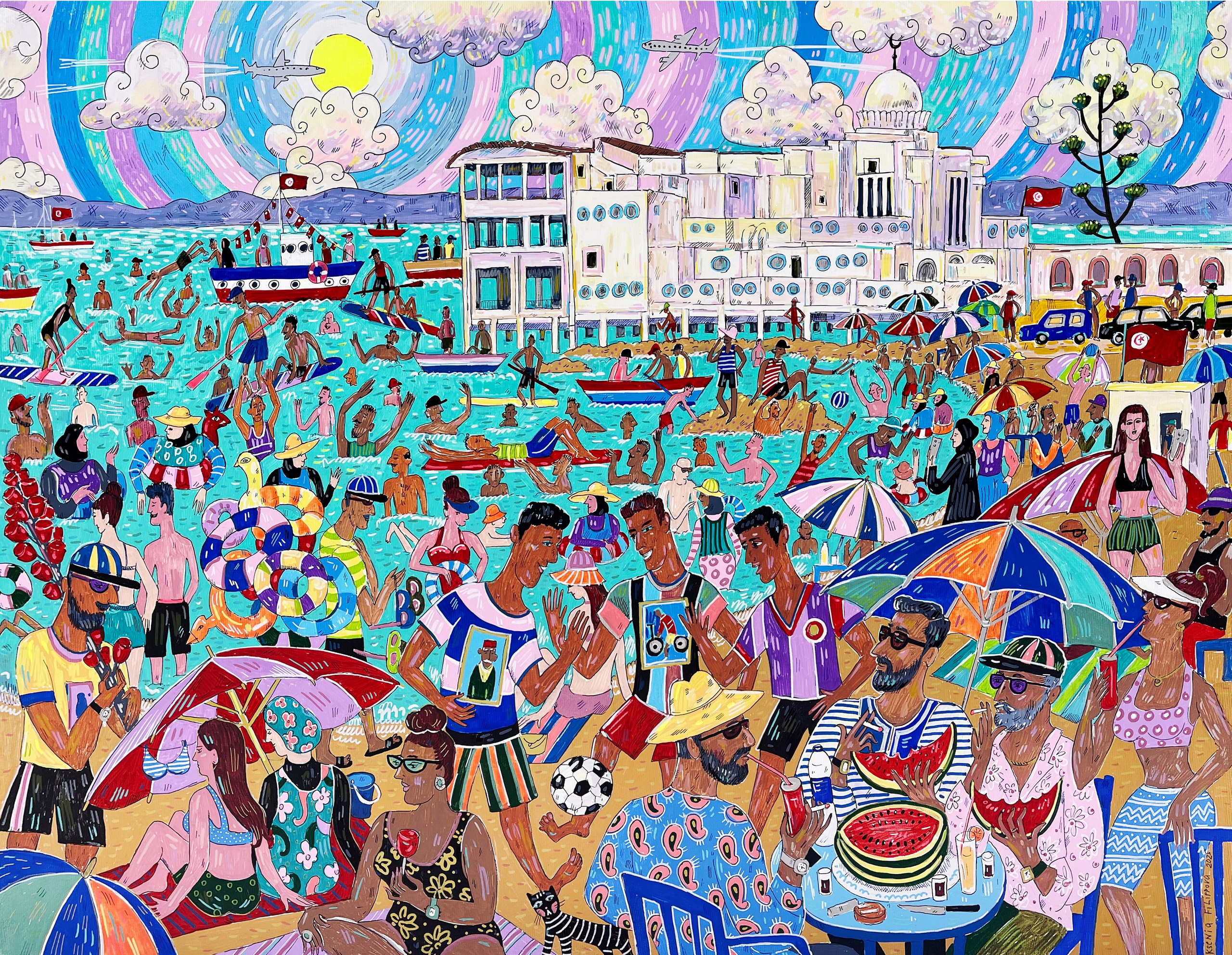 La Marsa Beach, acrylic markers on canvas, 50 × 65 cm, 2025