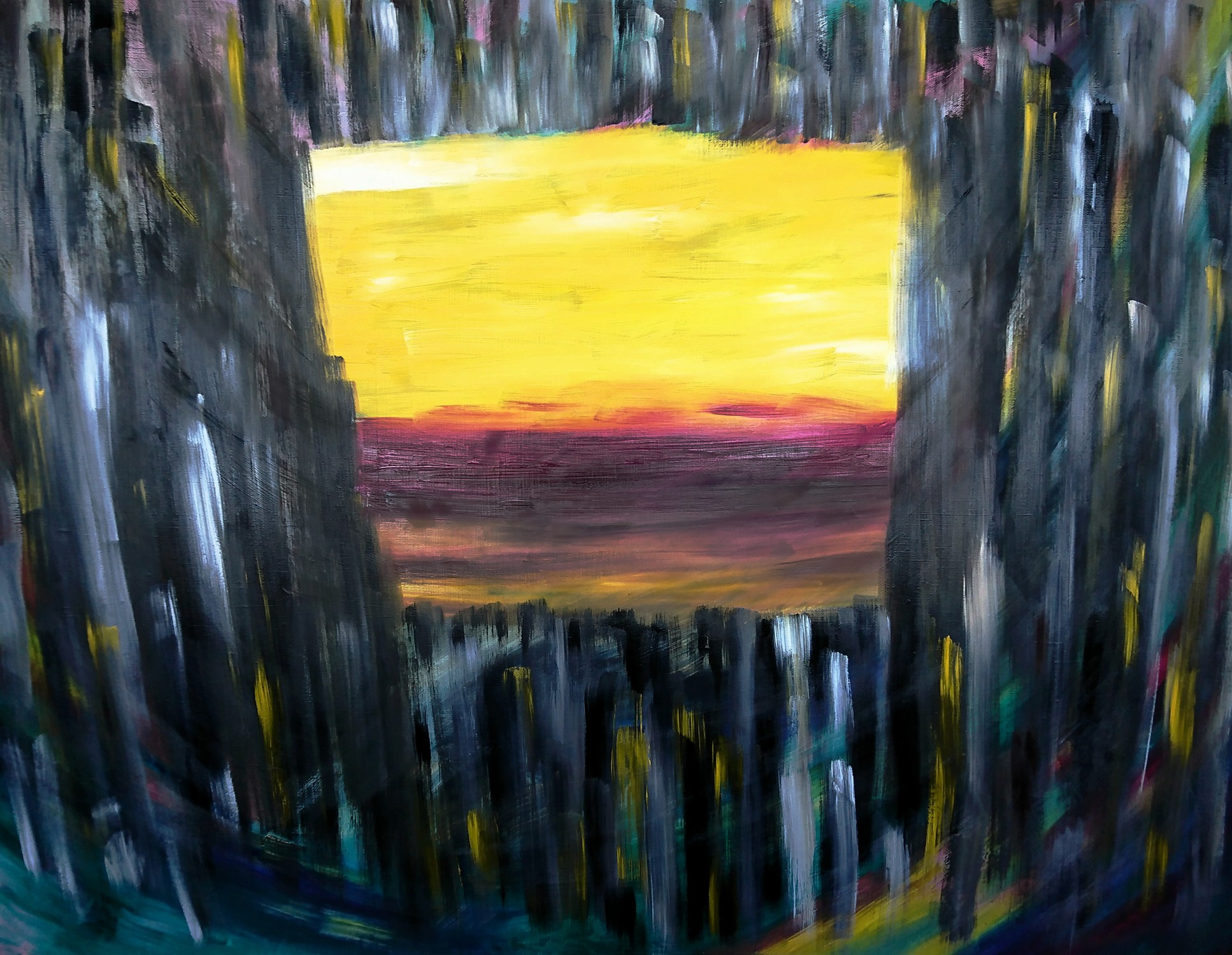 Картина с элементами абстракции и сюрреализма. Рассвет или закат. Окно в мегаполисе.