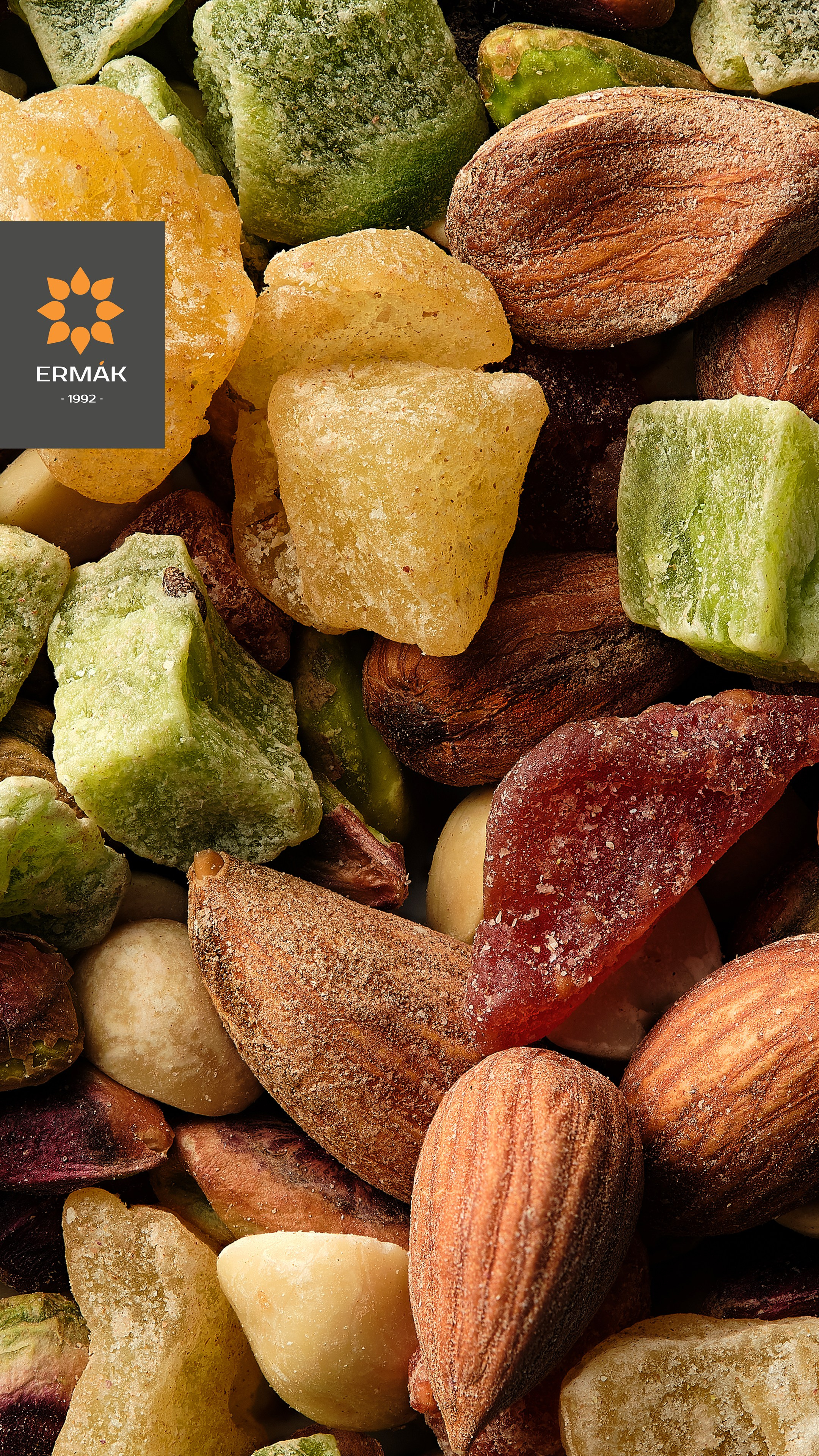 Фуд-фотосъёмка микса орехов и сухофруктов ERMAK в Казахстане — миндаль, кешью, изюм, ананас и папайя. Фото для каталога и продуктовых витрин.