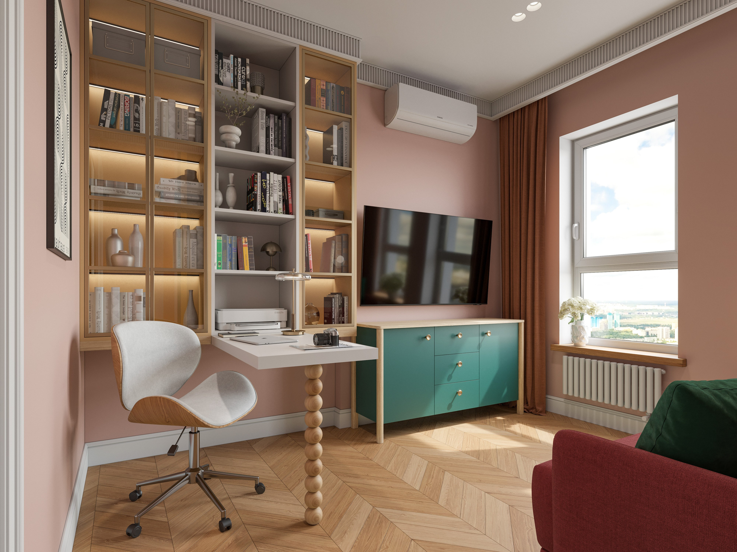 Рабочее пространство с бордовой стеной и встроенными книжными полками - 3D визуализация
