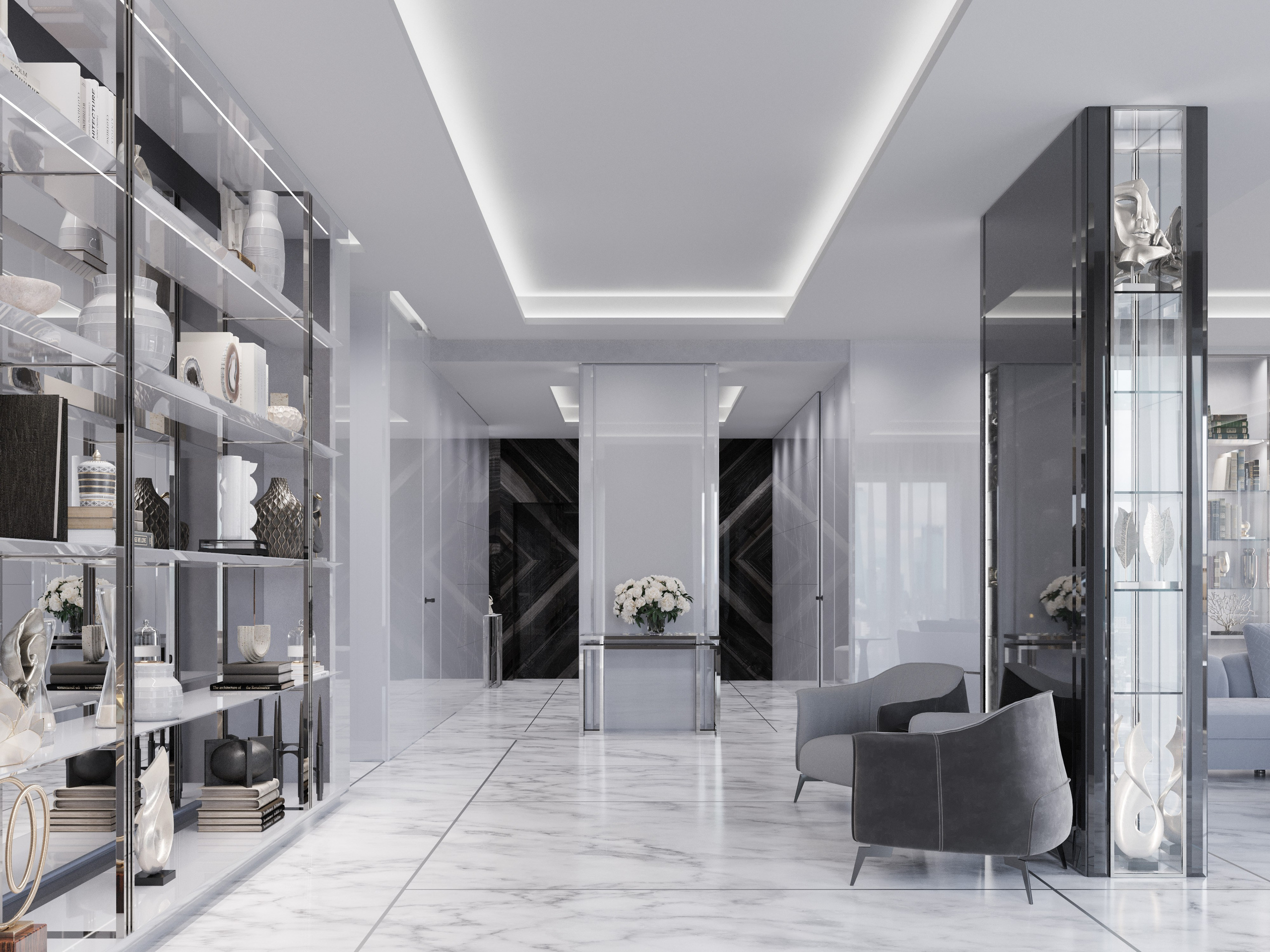 Фотореалистичный рендер интерьера квартиры премиум-класса: мрамор, глянец и скрытая подсветка