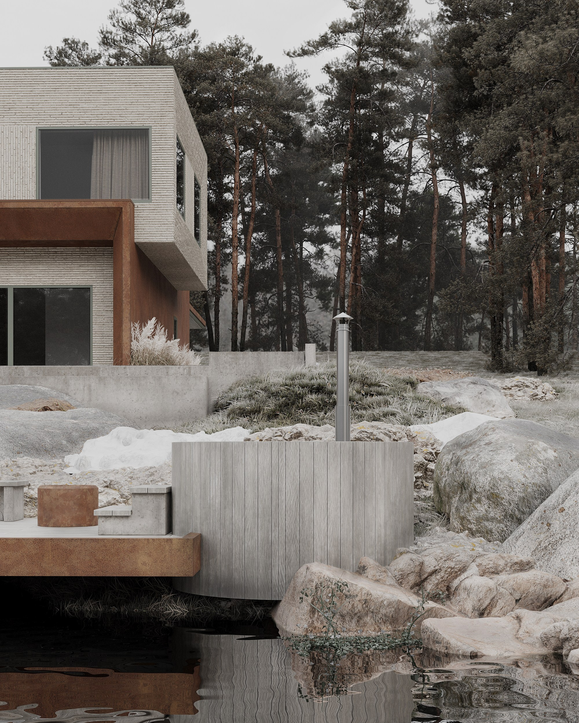 современная архитектура, загородный дом в скандинавском стиле, минимализм, природа, отдых, кортеновская сталь, ригельный кирпич