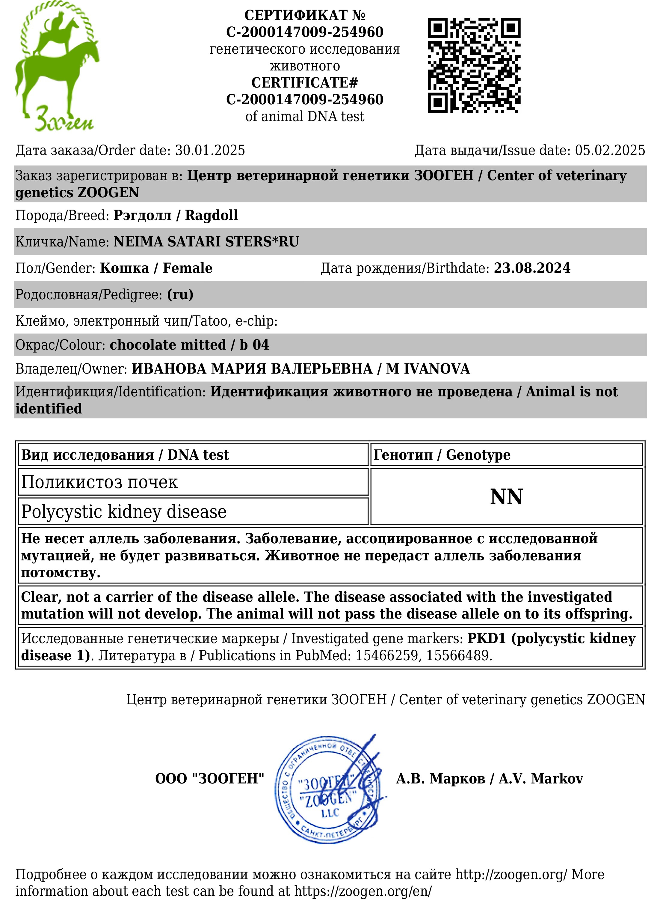 Документы производителей Loyal Adore. Питомник рэгдолл Loyal Adore