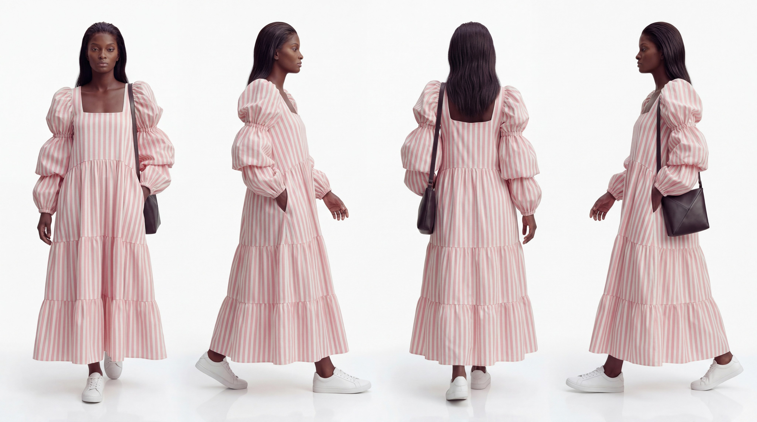 Разработка ИИ-персонажа 360: AI-модель в розовом платье с разных ракурсов, для полного соответствия ценностям вашего бренда в метавселенных