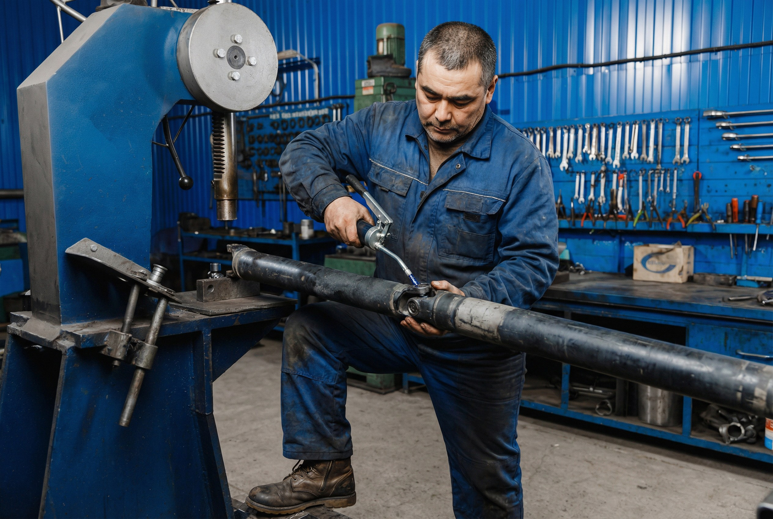 Процесс балансировки карданного вала на станке.