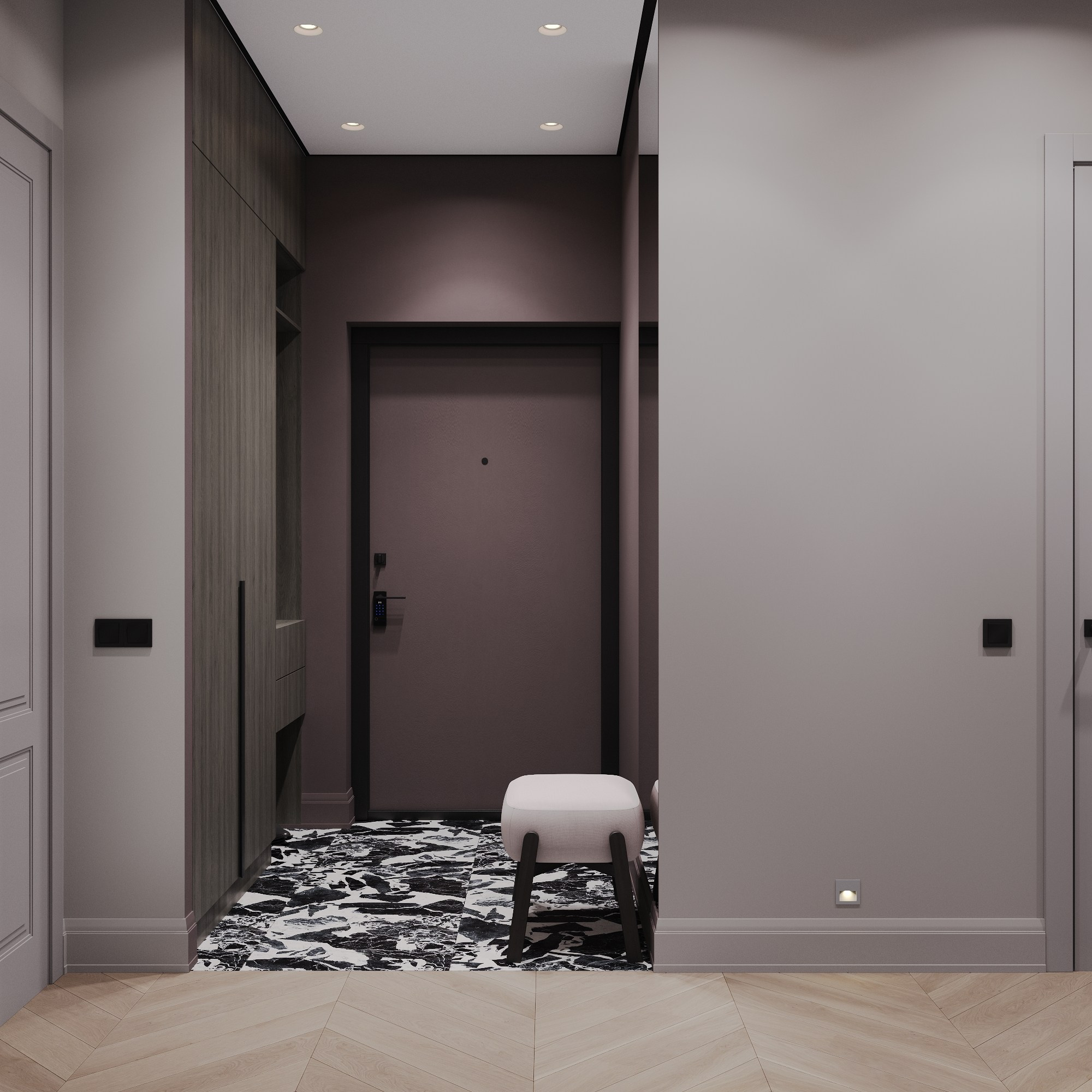 дизайн интерьера прихожей с акцентным керамогранитом на полу, черно белая плитка, сложный цвет стен марсала